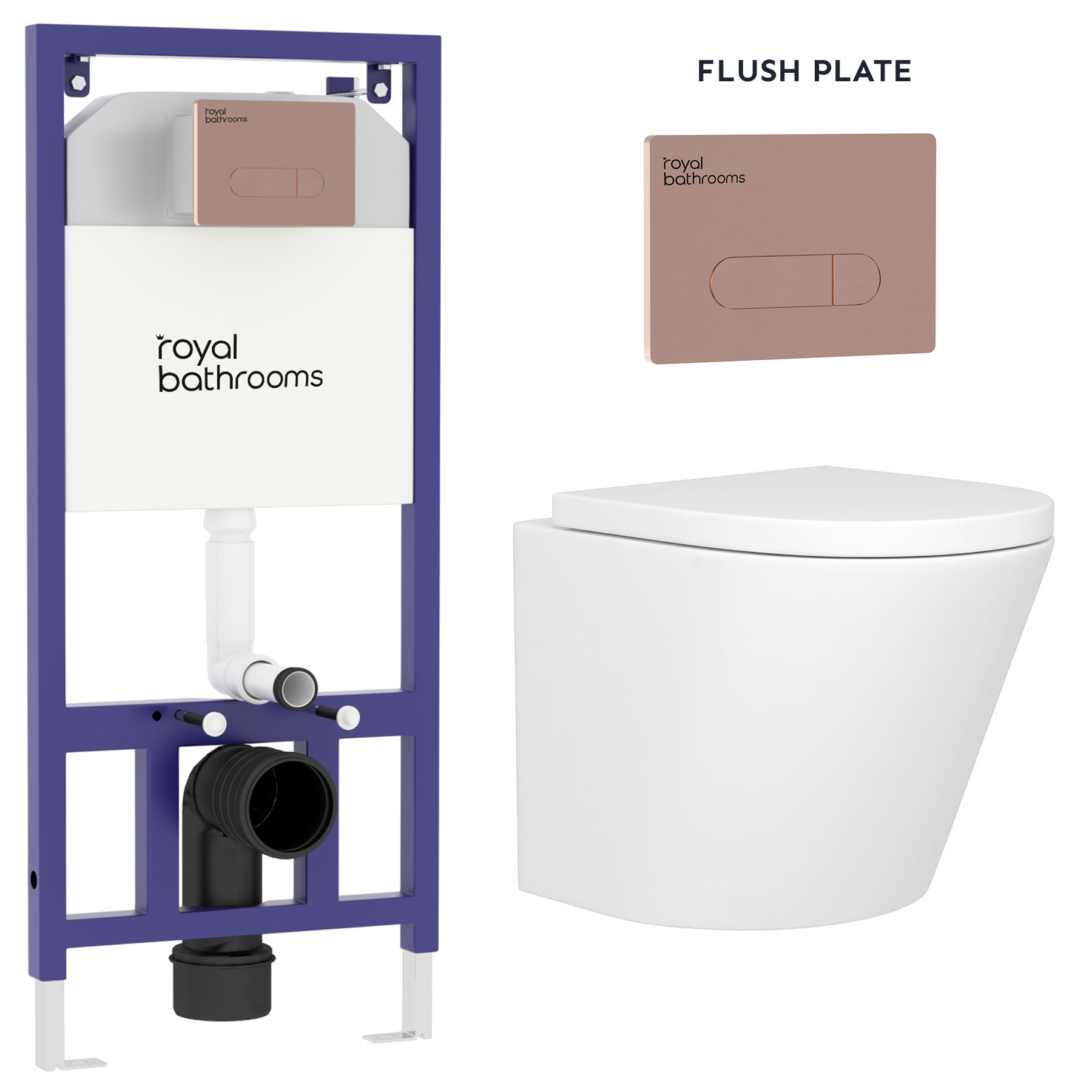 Cesar Wall Hung Rimless Toilet with Soft Close Seat & Brushed Bronze Plate Aqua Wall Hung Frame