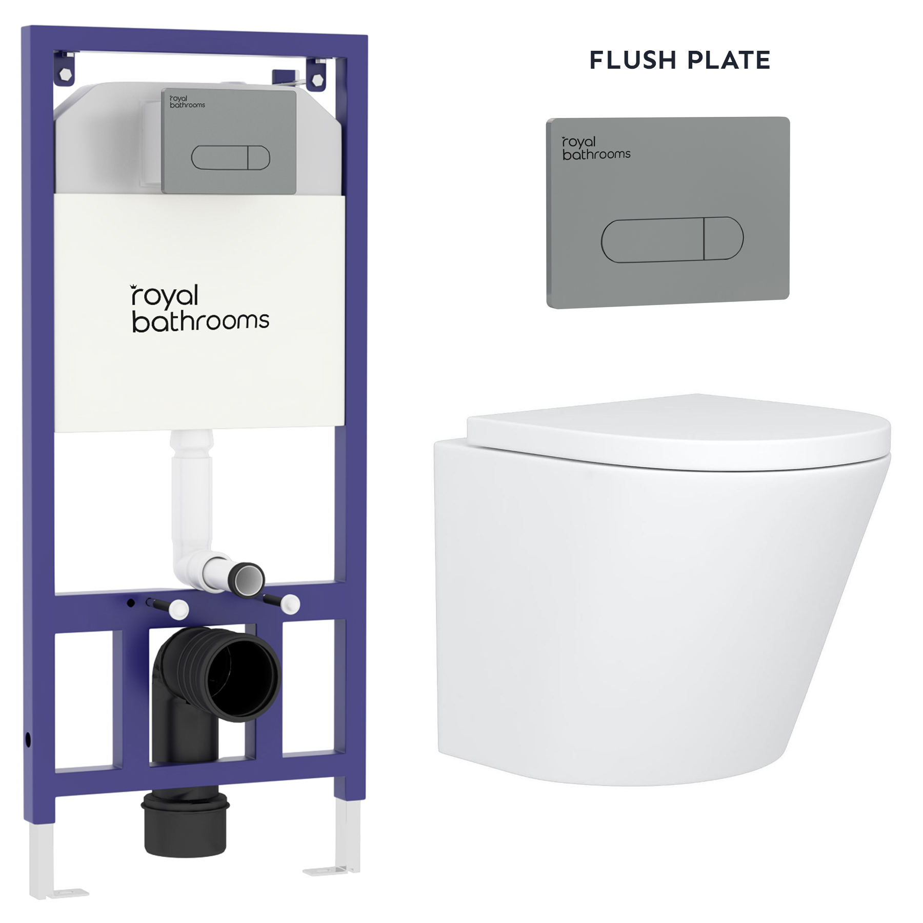 Cesar Wall Hung Rimless Toilet with Soft Close Seat & Gun Metal Plate Aqua Wall Hung Frame