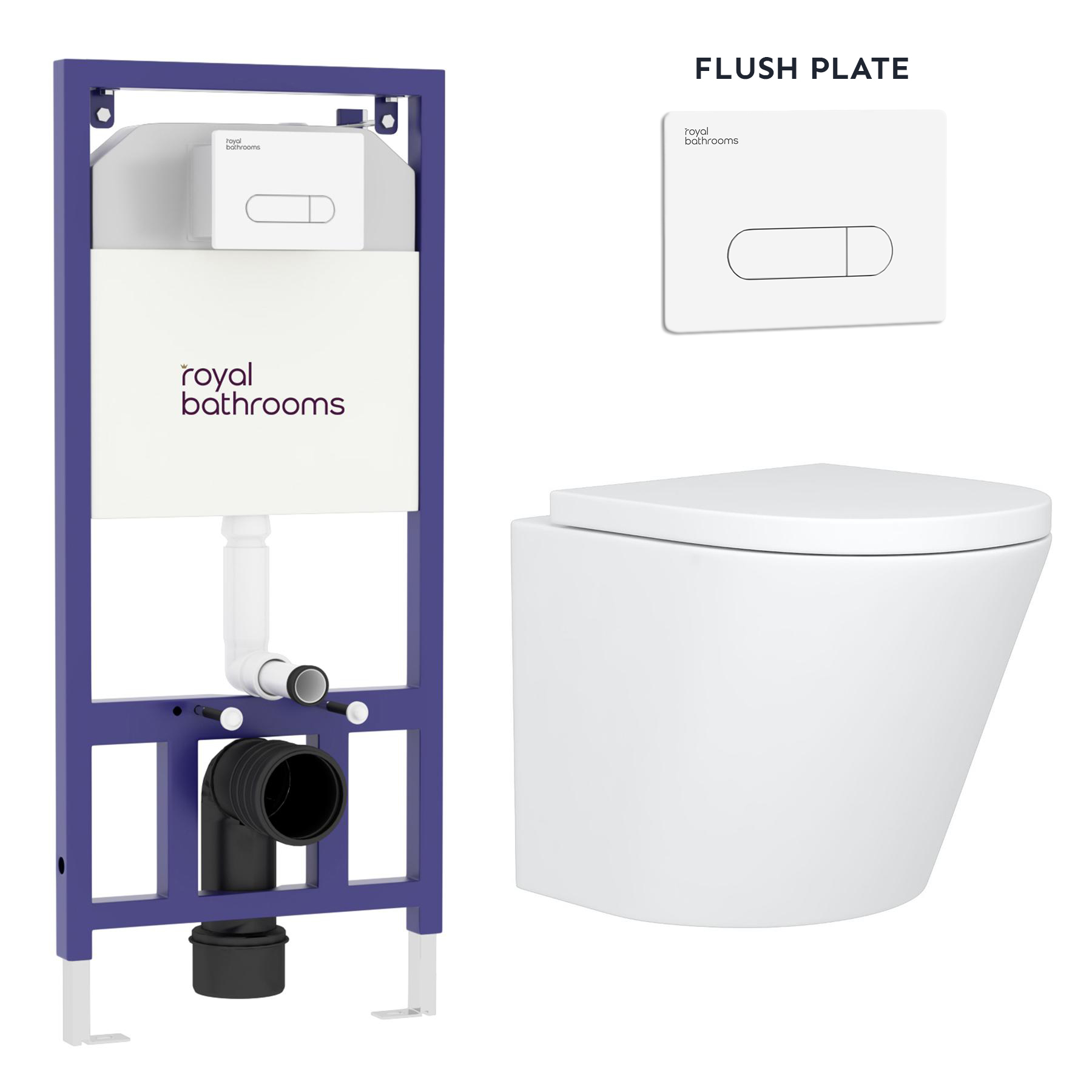 Cesar Wall Hung Rimless Toilet with Soft Close Seat & White Plate Aqua Wall Hung Frame