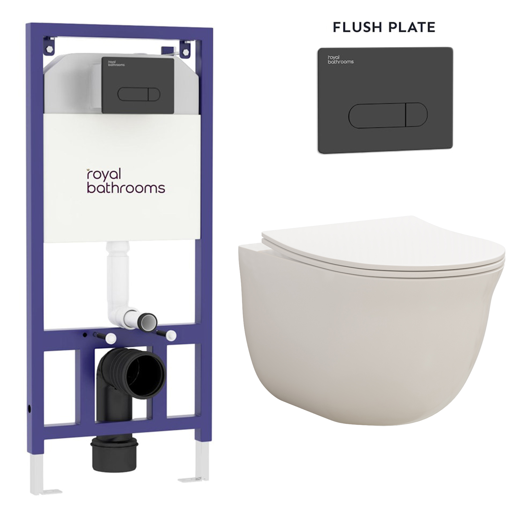 Divine Wall Hung Rimless Toilet with Slim Soft Close Seat & Aqua Black Plate Wall Hung Frame