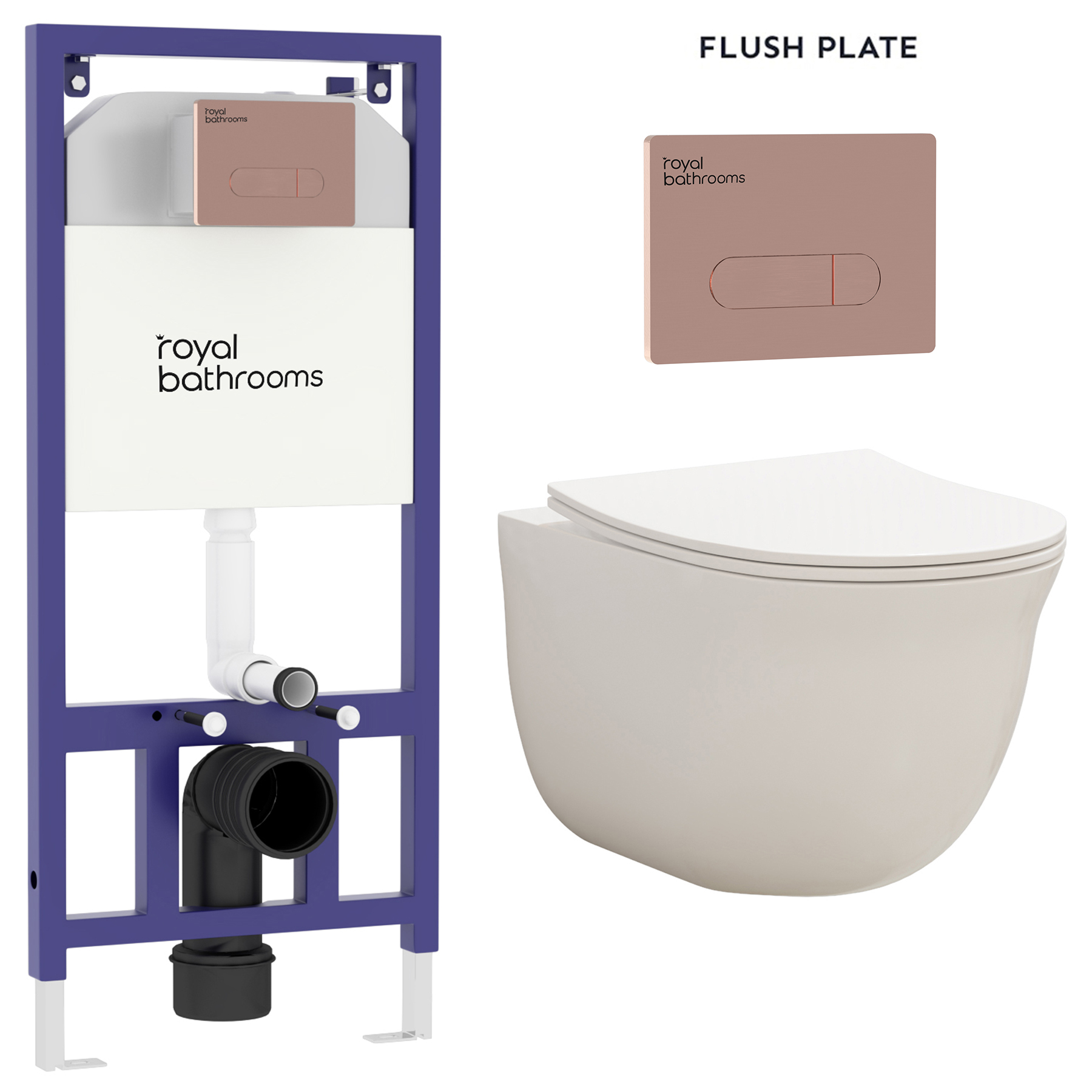 Divine Wall Hung Rimless Toilet with Slim Soft Close Seat & Aqua Brushed Bronze Plate Wall Hung Frame