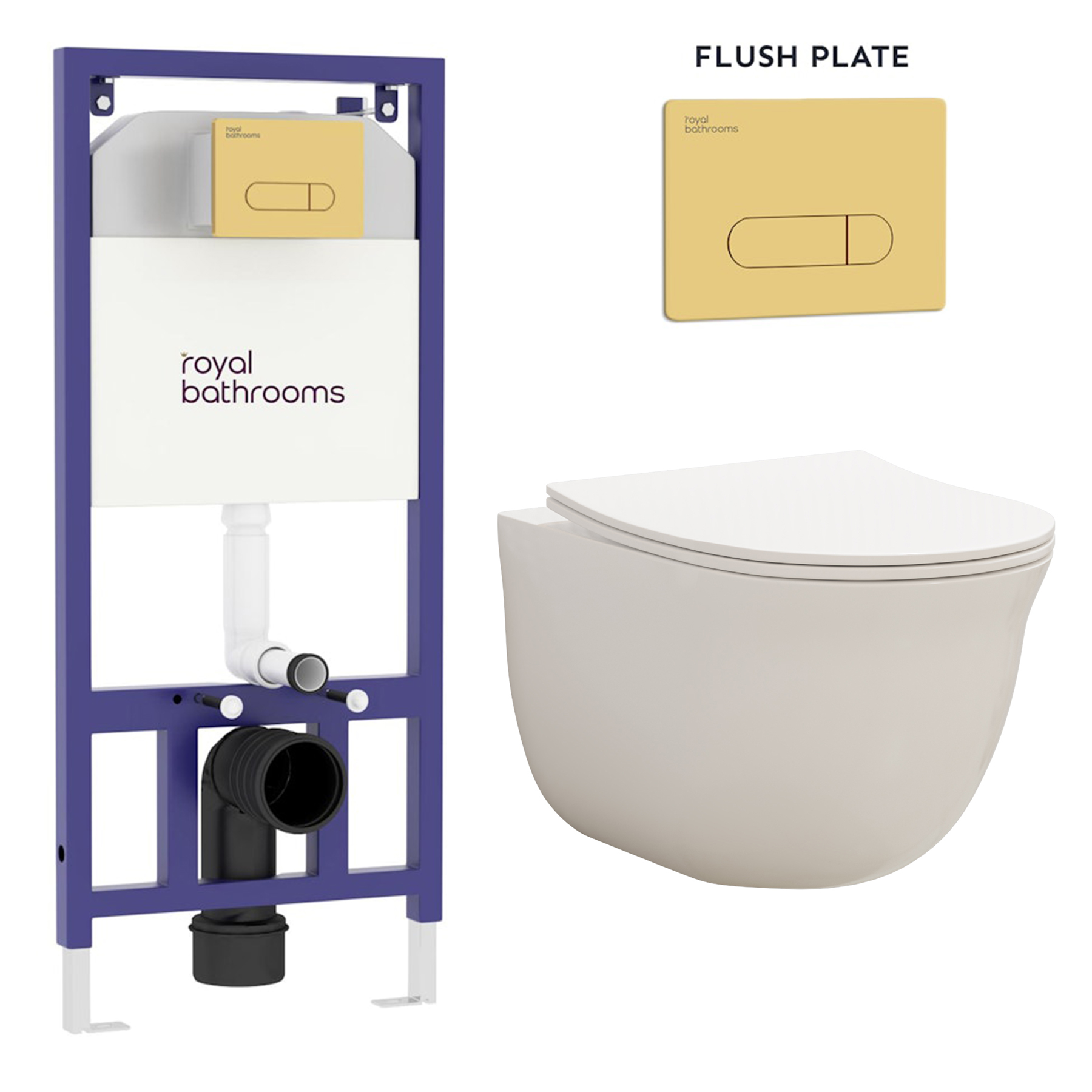Divine Wall Hung Rimless Toilet with Slim Soft Close Seat & Aqua Brass Plate Wall Hung Frame