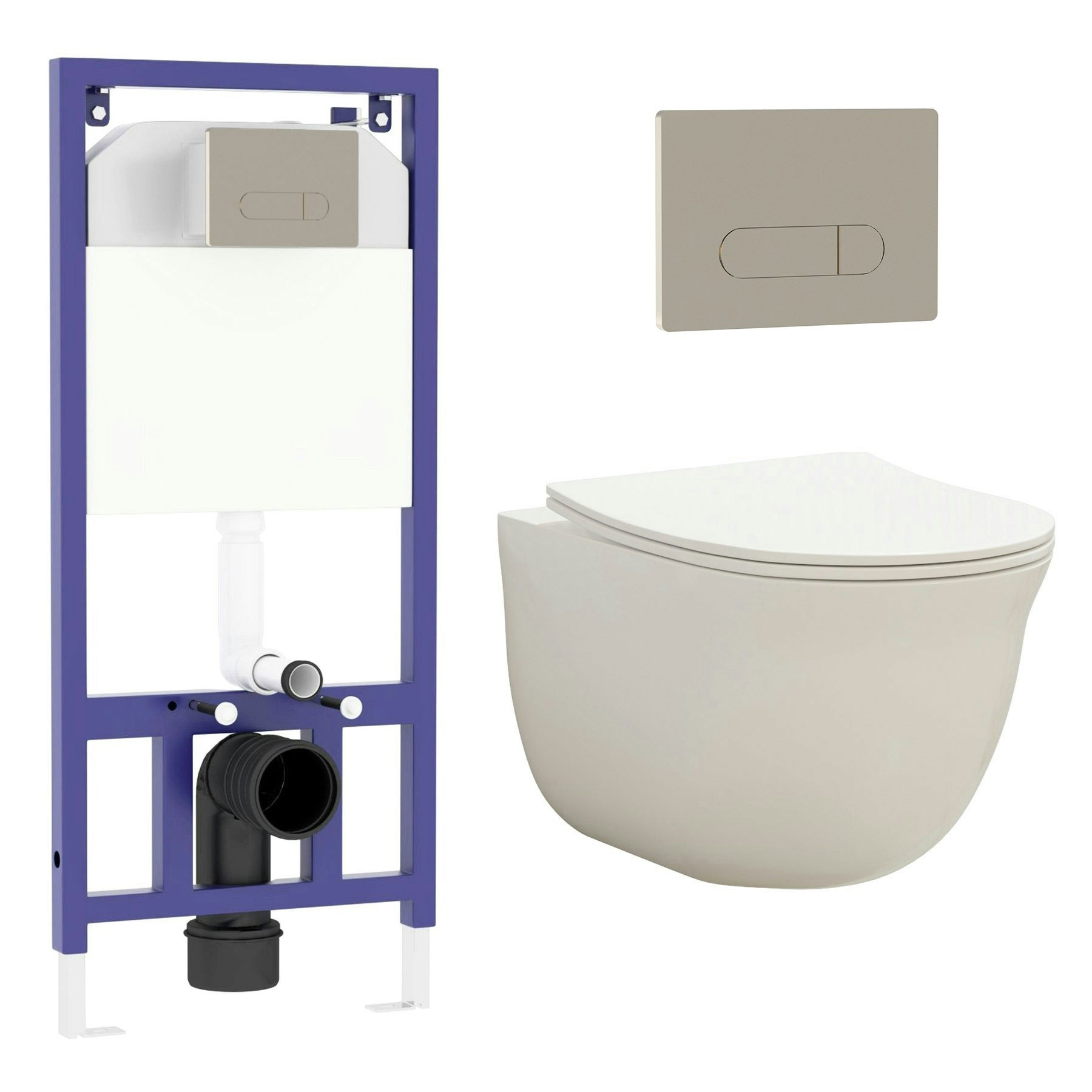 Divine Wall Hung Rimless Toilet with Slim Soft Close Seat & Aqua Brushed Nickel Plate Wall Hung Frame