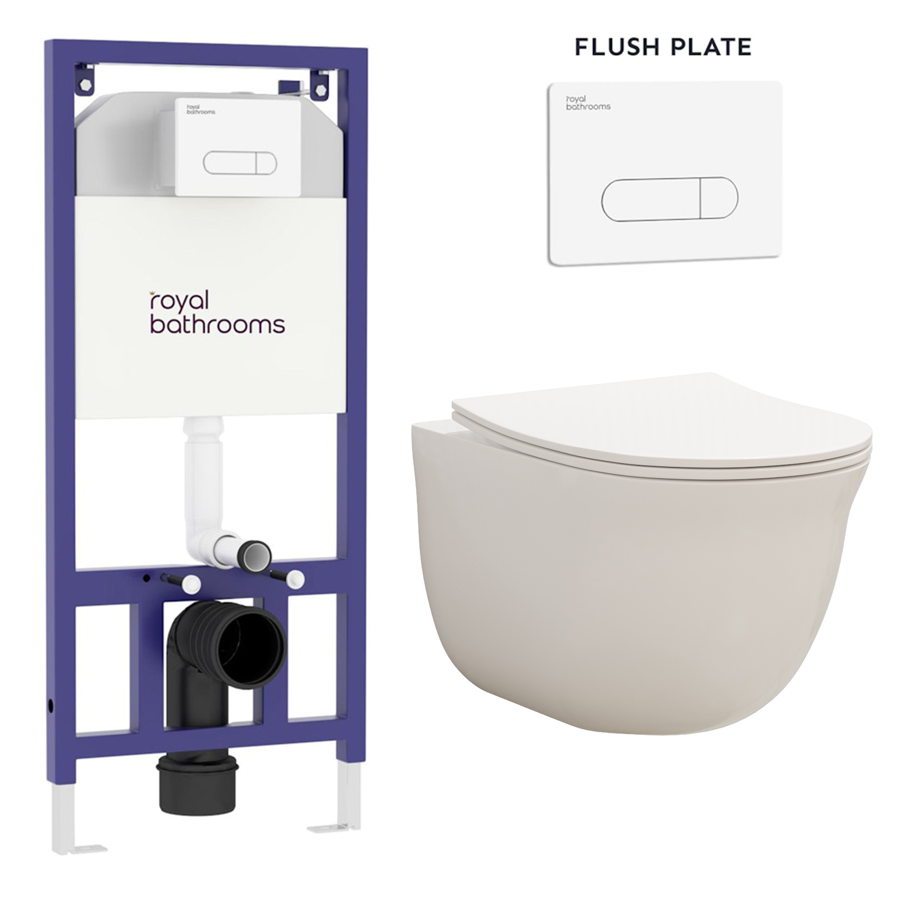 Divine Wall Hung Rimless Toilet with Slim Soft Close Seat & Aqua White Plate Wall Hung Frame