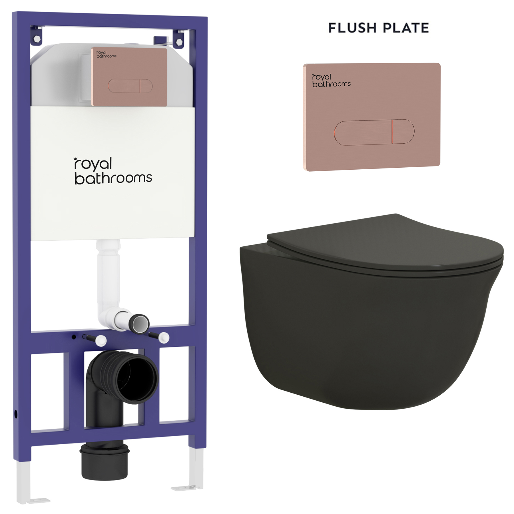 Divine Matt Black Wall Hung Rimless Toilet with Slim Soft Close Seat & Aqua Brushed Bronze Plate Wall Hung Frame