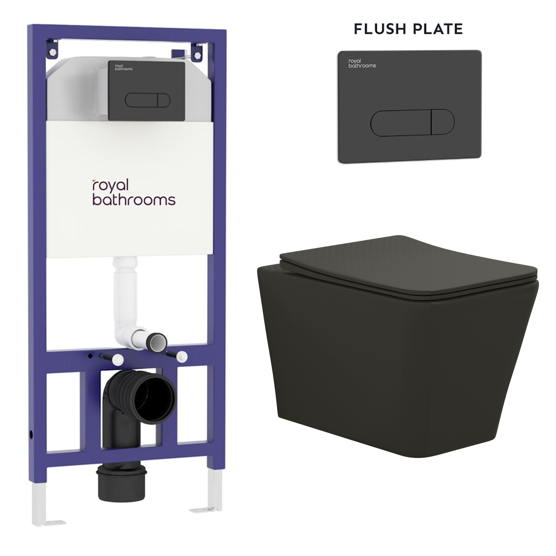 Elena Matt Black Wall Hung Rimless Toilet with Slim Soft Close Seat & Aqua Black Plate Wall Hung Frame