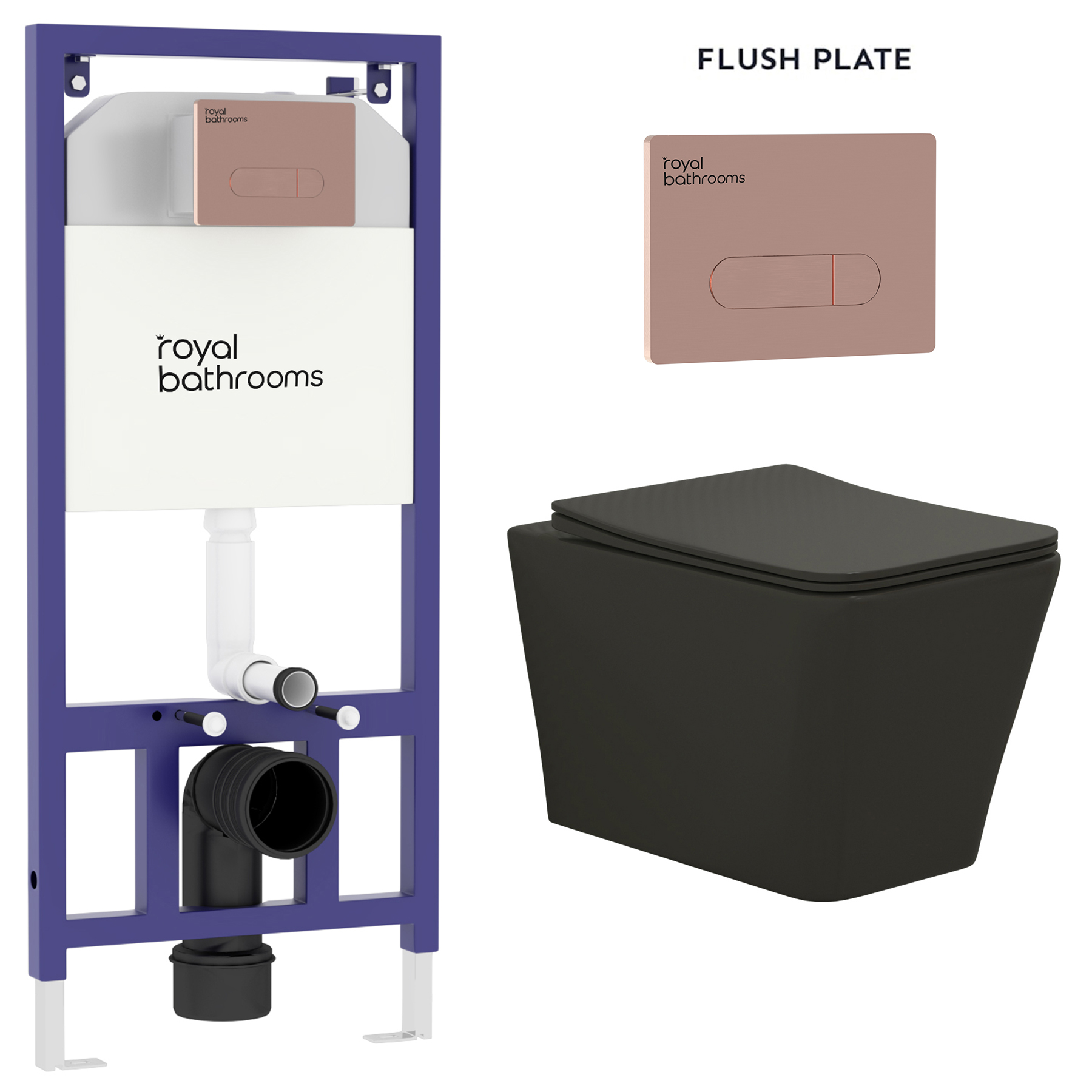 Elena Matt Black Wall Hung Rimless Toilet with Slim Soft Close Seat & Aqua Brushed Bronze Plate Wall Hung Frame
