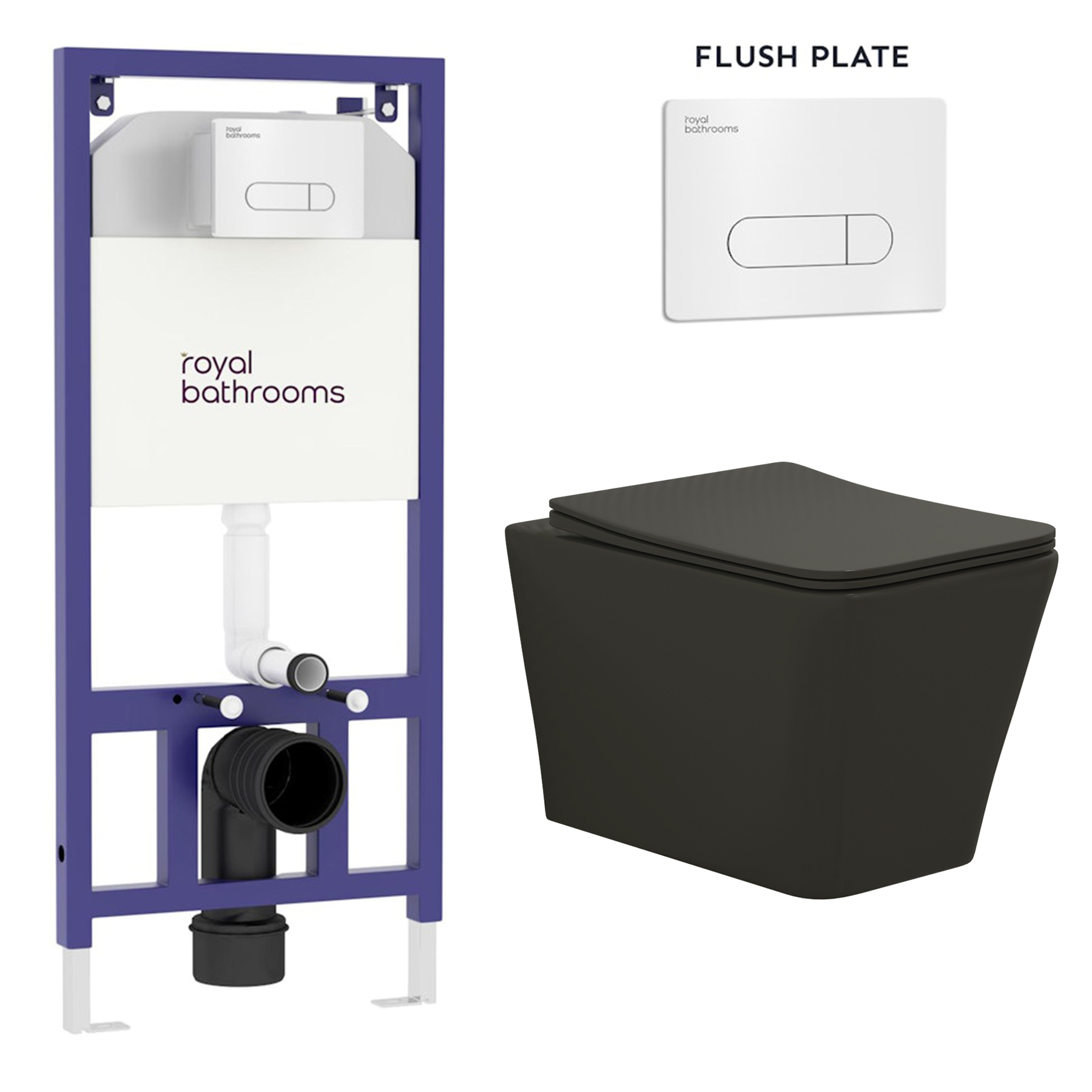 Elena Matt Black Wall Hung Rimless Toilet with Slim Soft Close Seat & Aqua Chrome Plate Wall Hung Frame