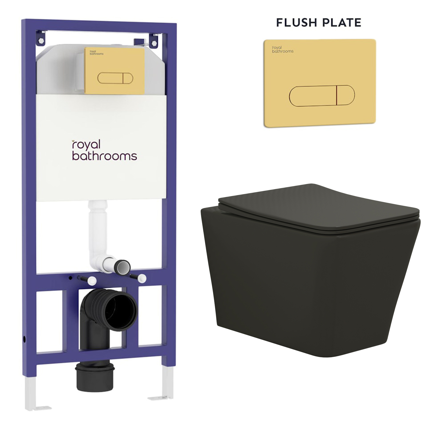 Elena Matt Black Wall Hung Rimless Toilet with Slim Soft Close Seat & Aqua Brushed Brass Plate Wall Hung Frame