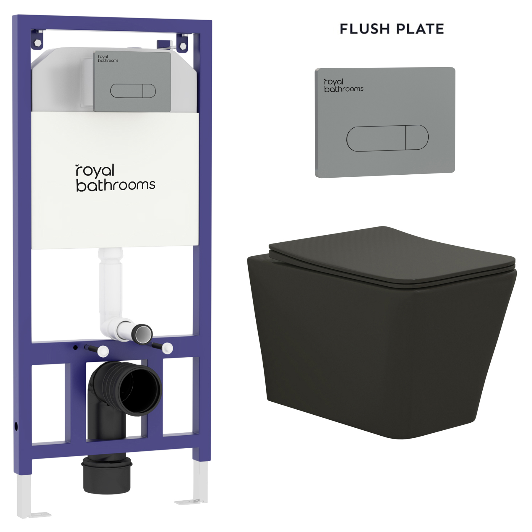 Elena Matt Black Wall Hung Rimless Toilet with Slim Soft Close Seat & Aqua Gun Metal Plate Wall Hung Frame