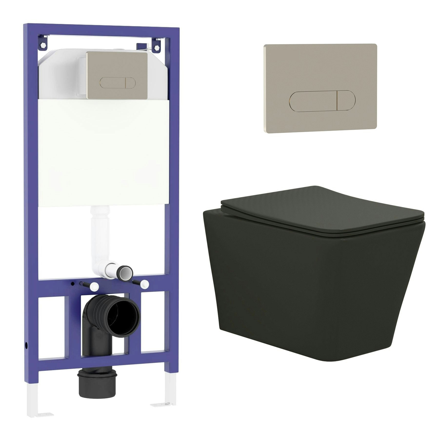 Elena Matt Black Wall Hung Rimless Toilet with Slim Soft Close Seat & Aqua Brushed Nickel Plate Wall Hung Frame