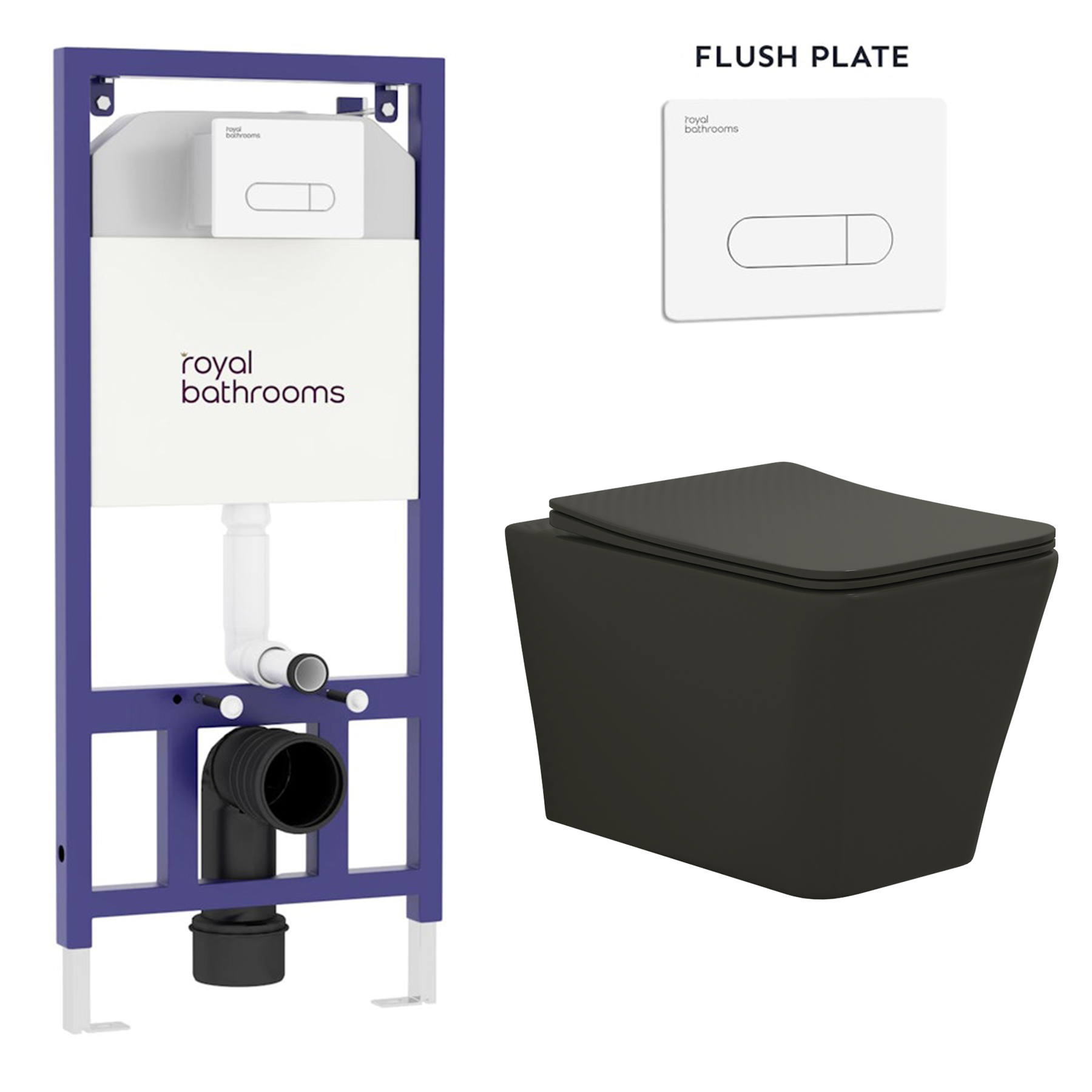 Elena Matt Black Wall Hung Rimless Toilet with Slim Soft Close Seat & Aqua White Plate Wall Hung Frame