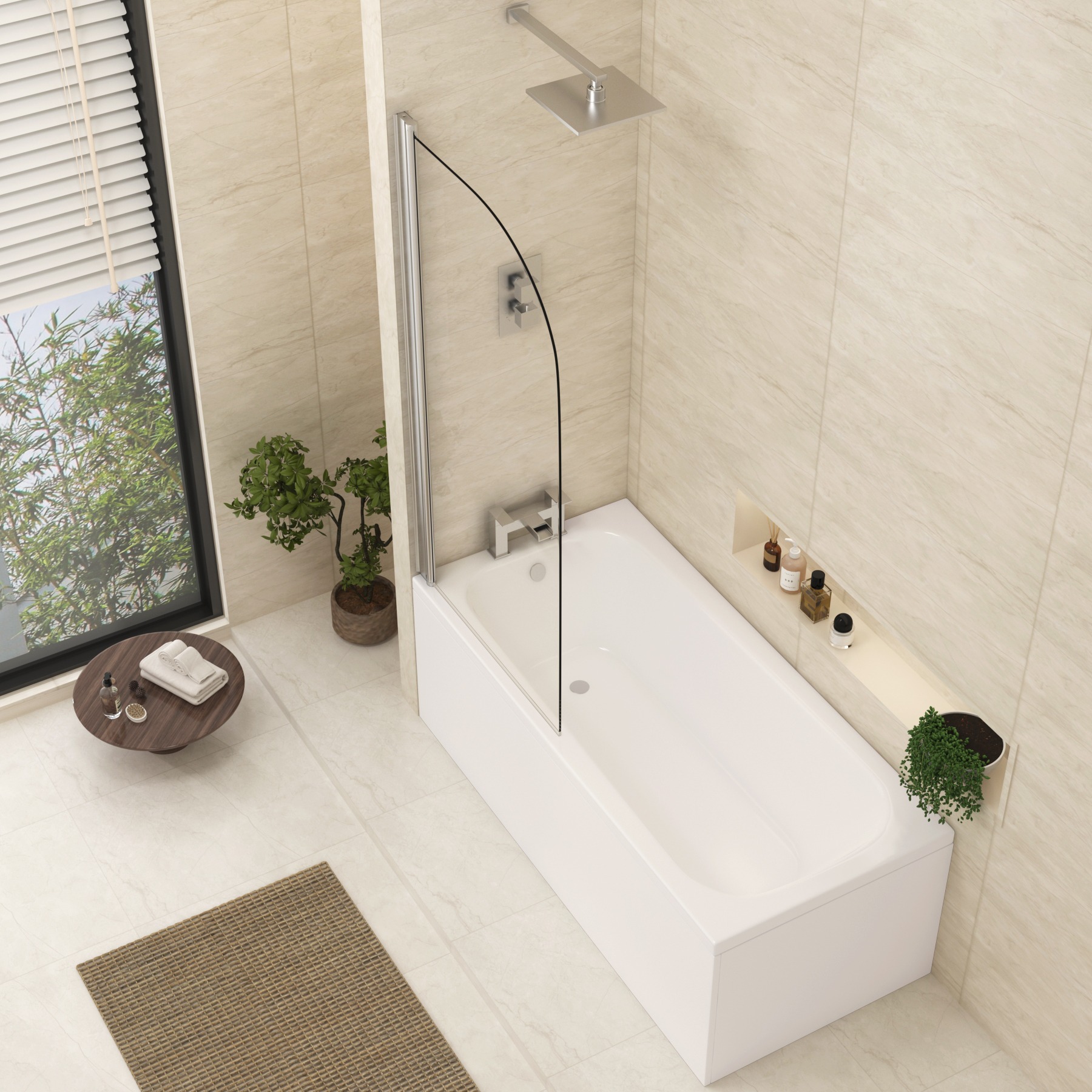 Koncept Straight Bath Shower Hinged Screen Radius Edge 1400mm High