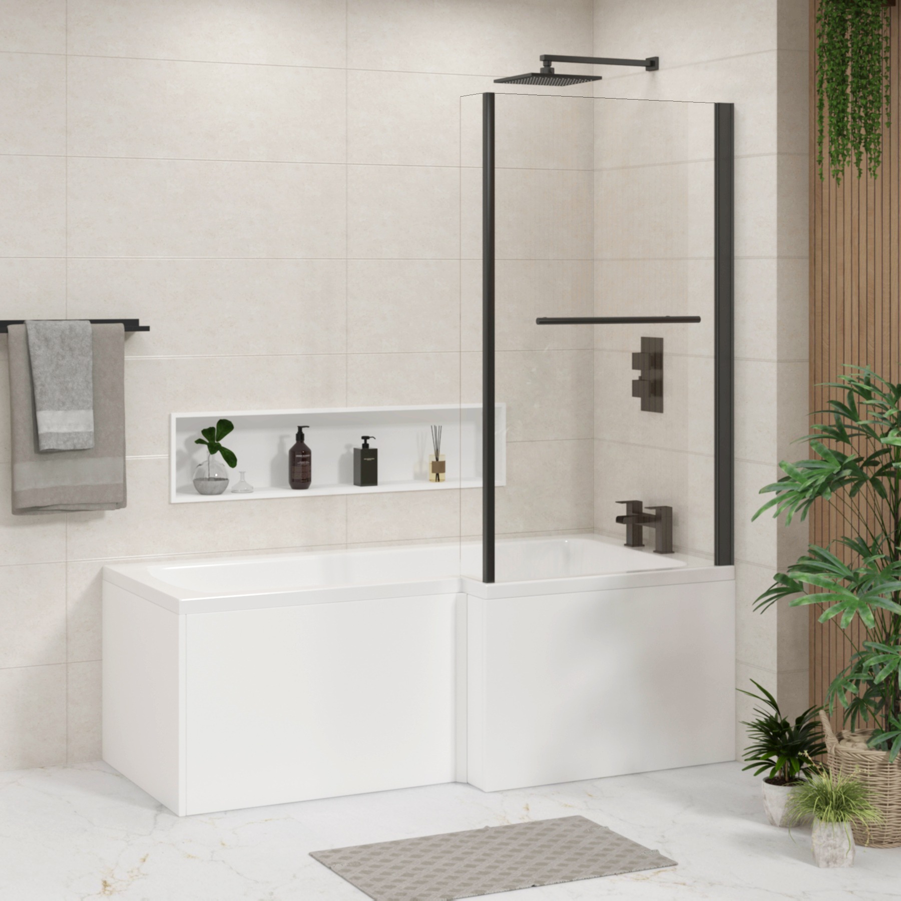 Modern Quattro 1400mm Black Fixed Bath Screen & Rail with Fixed End Panel