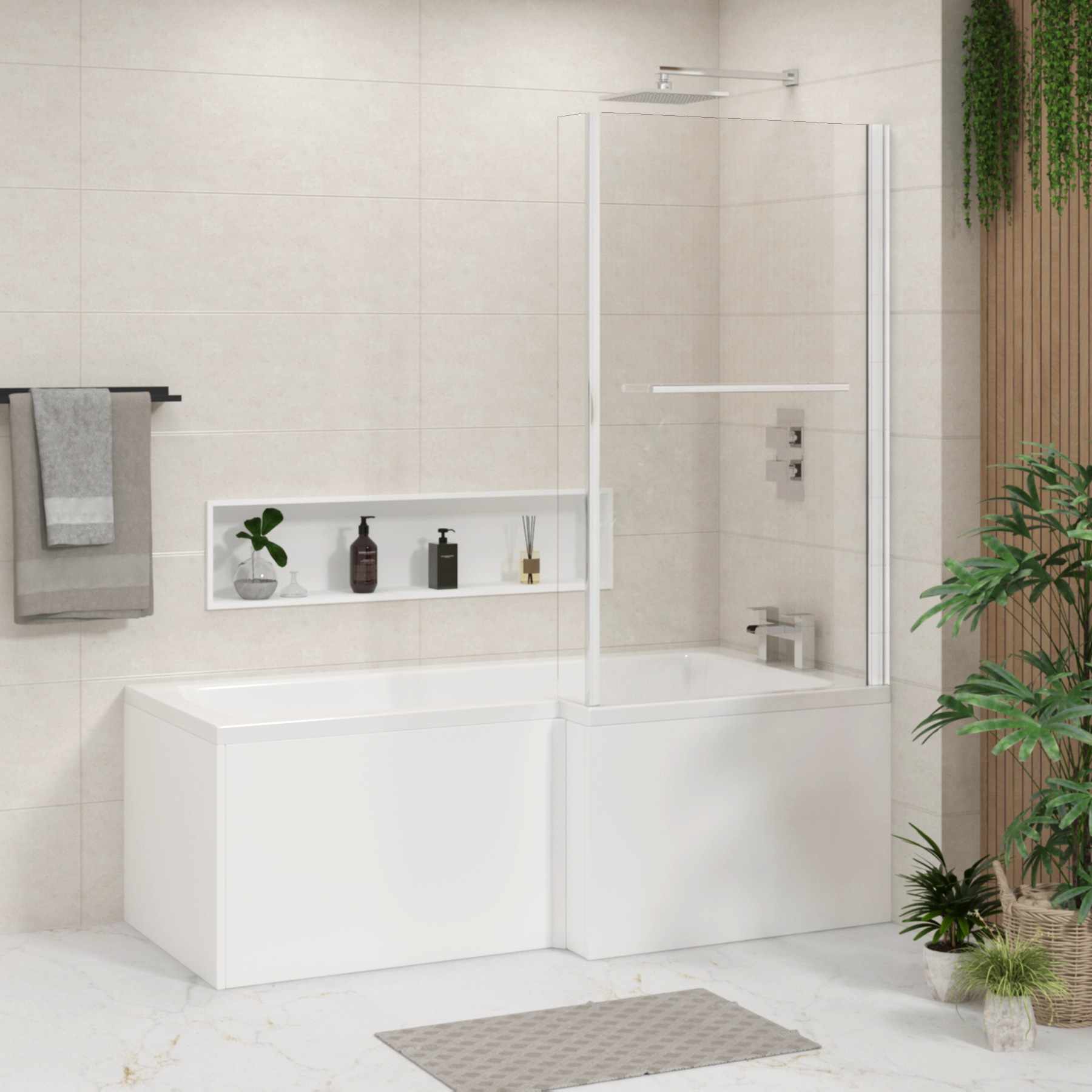 Quattro Polished Chrome Fixed Bath Screen & Rail with Hinged Flipper Panel