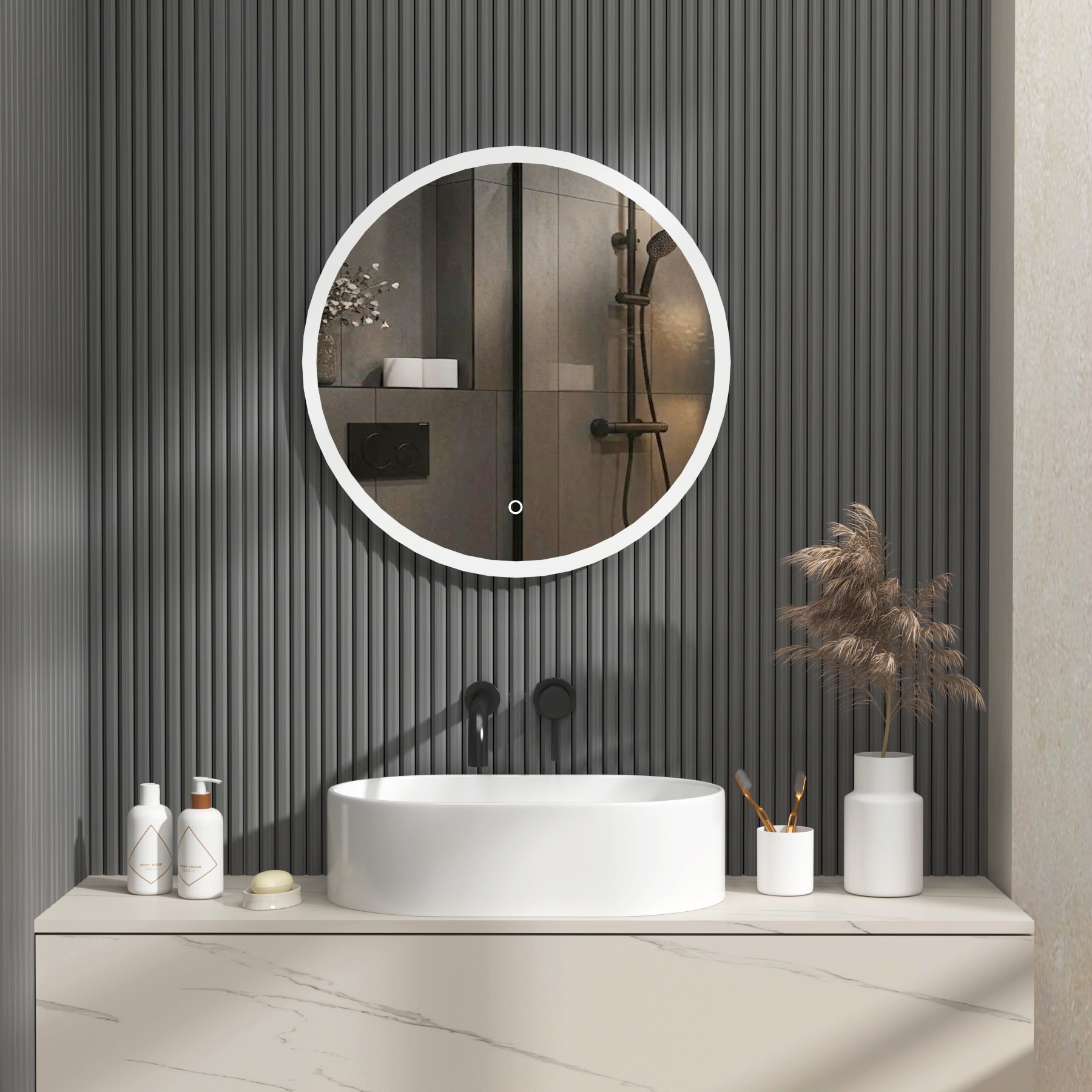 Enso 600 x 600mm Backlit LED Illuminated Frameless Round Mirror with Demister Pad & Touch Sensor