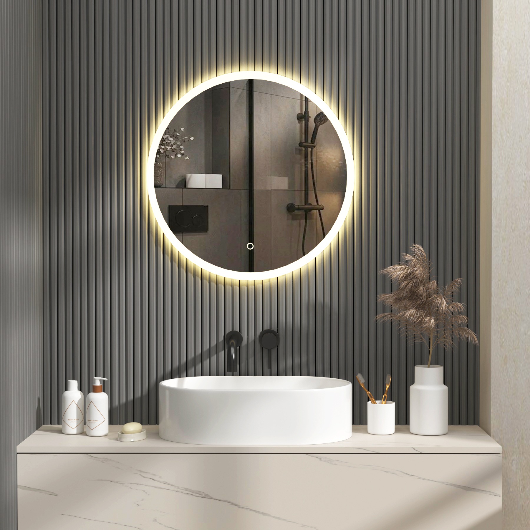 Enso 600 x 600mm Backlit LED Illuminated Frameless Round Mirror with Demister Pad & Touch Sensor
