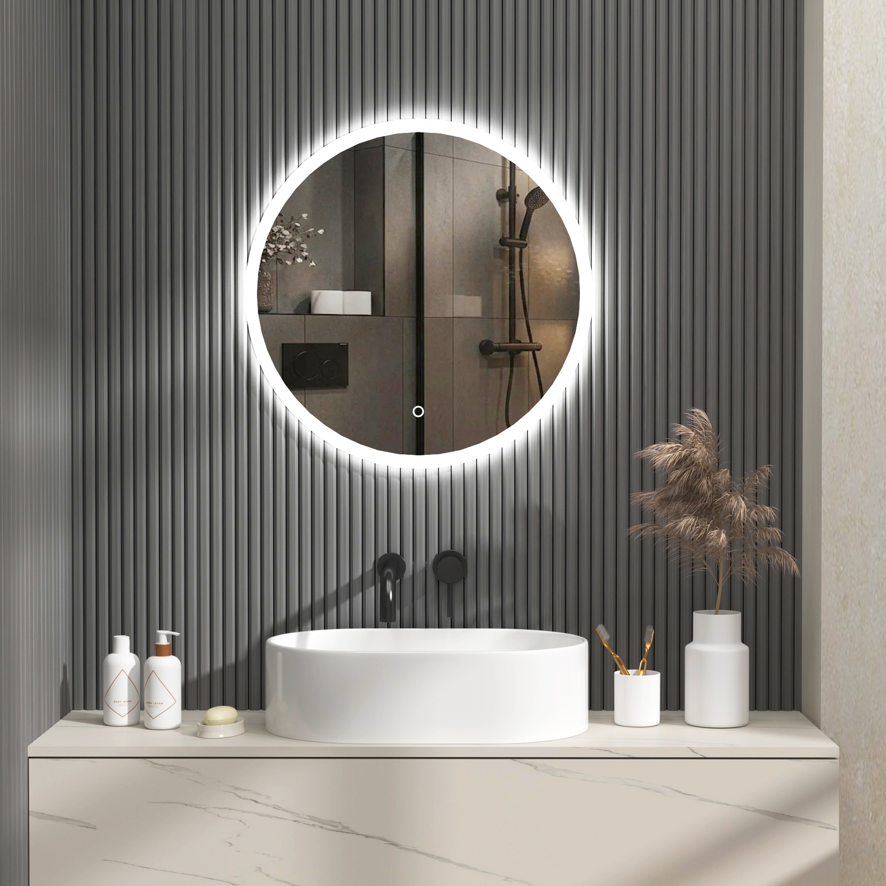 Enso 600 x 600mm Chrome Backlit LED Illuminated Frameless Round Mirror with Demister Pad & Touch Sensor