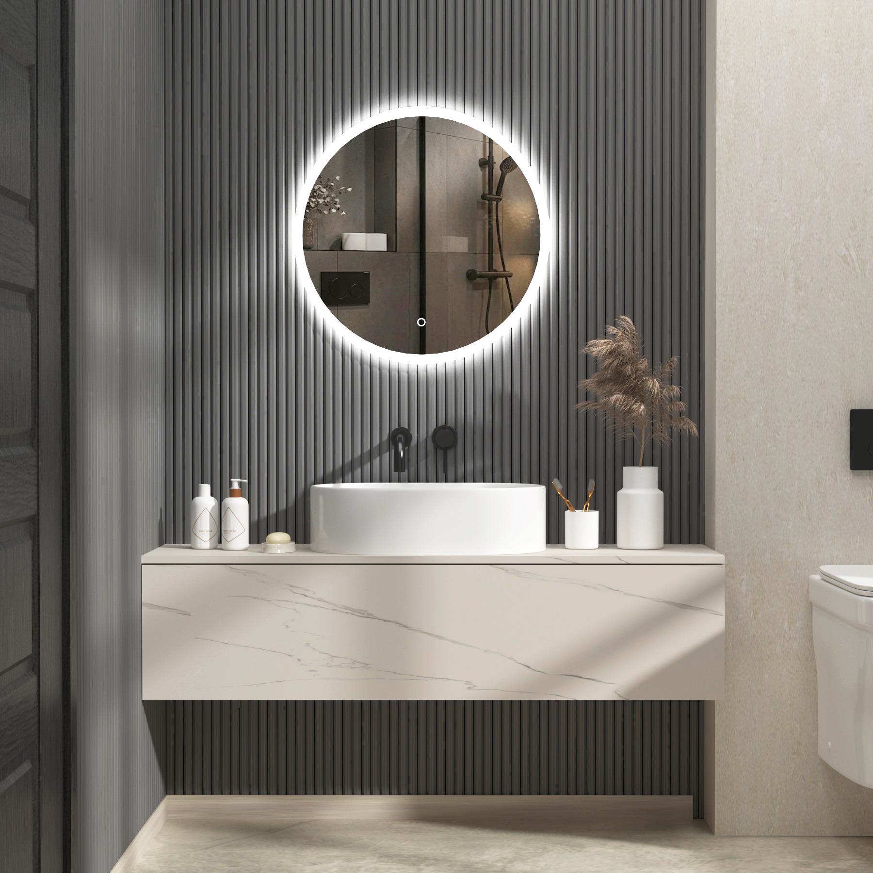 Enso 600 x 600mm Backlit LED Illuminated Frameless Round Mirror with Demister Pad & Touch Sensor