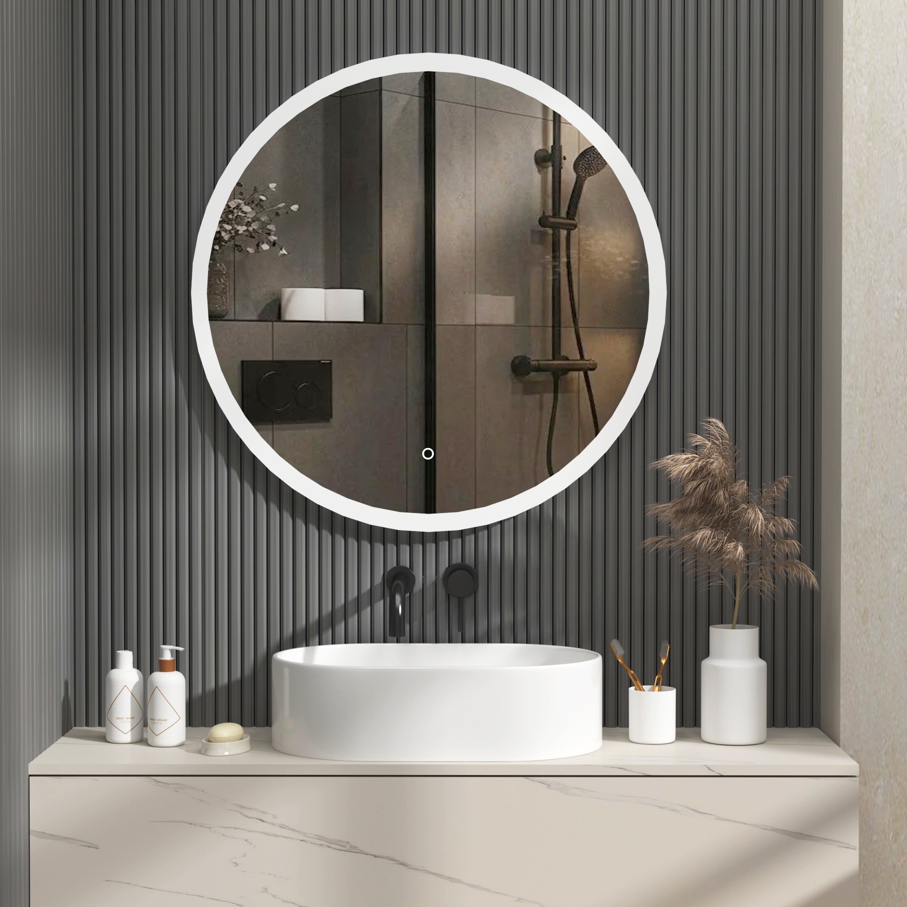 Enso 800 x 800mm Backlit LED Illuminated Frameless Round Mirror with Demister Pad & Touch Sensor