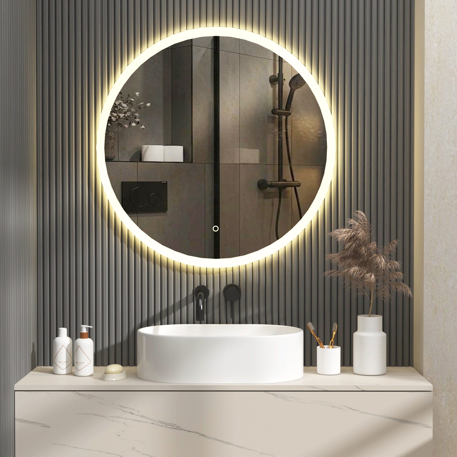 Enso 800 x 800mm Backlit LED Illuminated Frameless Round Mirror with Demister Pad & Touch Sensor