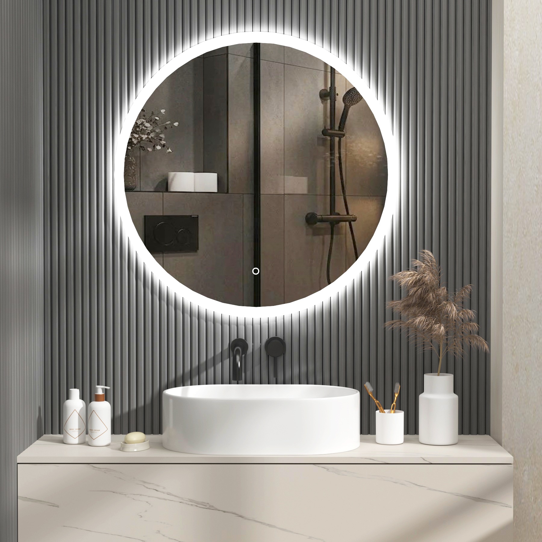 Enso 800 x 800mm Chrome Backlit LED Illuminated Frameless Round Mirror with Demister Pad & Touch Sensor