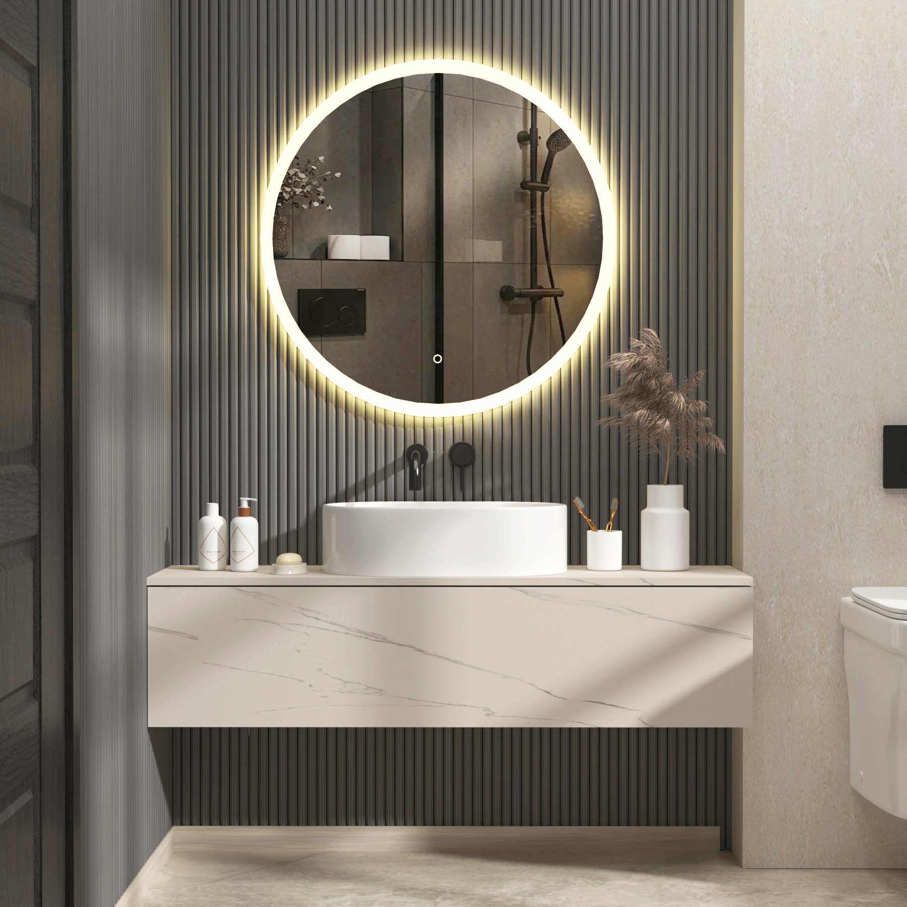 Enso 800 x 800mm Backlit LED Illuminated Frameless Round Mirror with Demister Pad & Touch Sensor