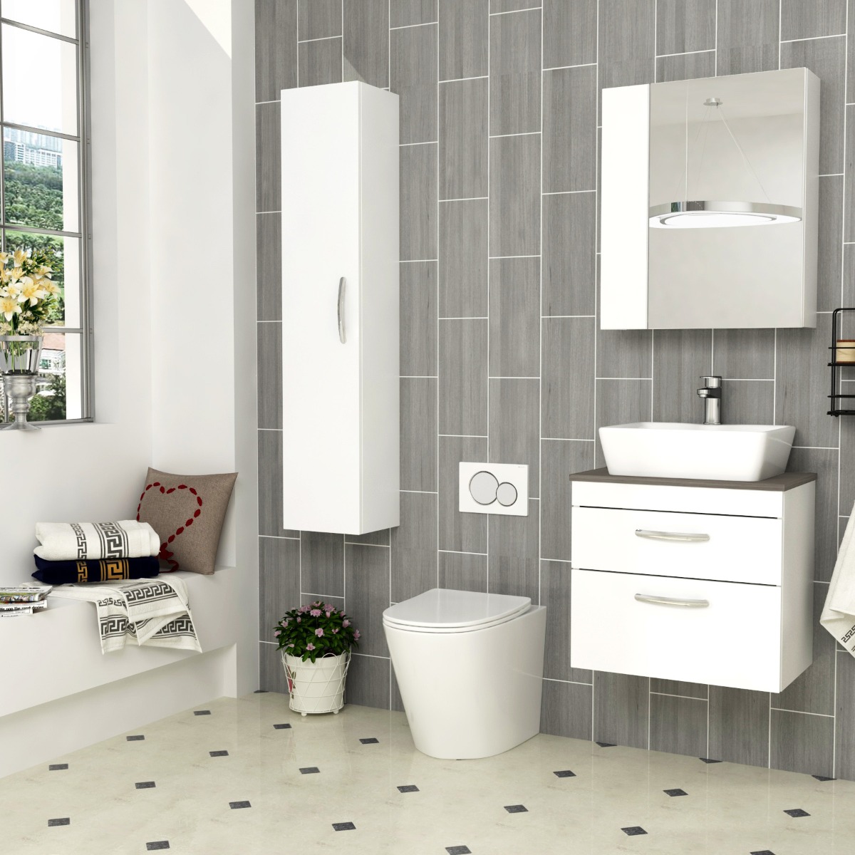 500/600/800mm Wall Hung Vanity Unit 2-Drawer Gloss White & Cube Countertop Basin - Various Sizes