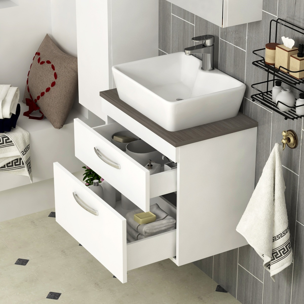 500/600/800mm Wall Hung Vanity Unit 2-Drawer Gloss White & Cube Countertop Basin - Various Sizes