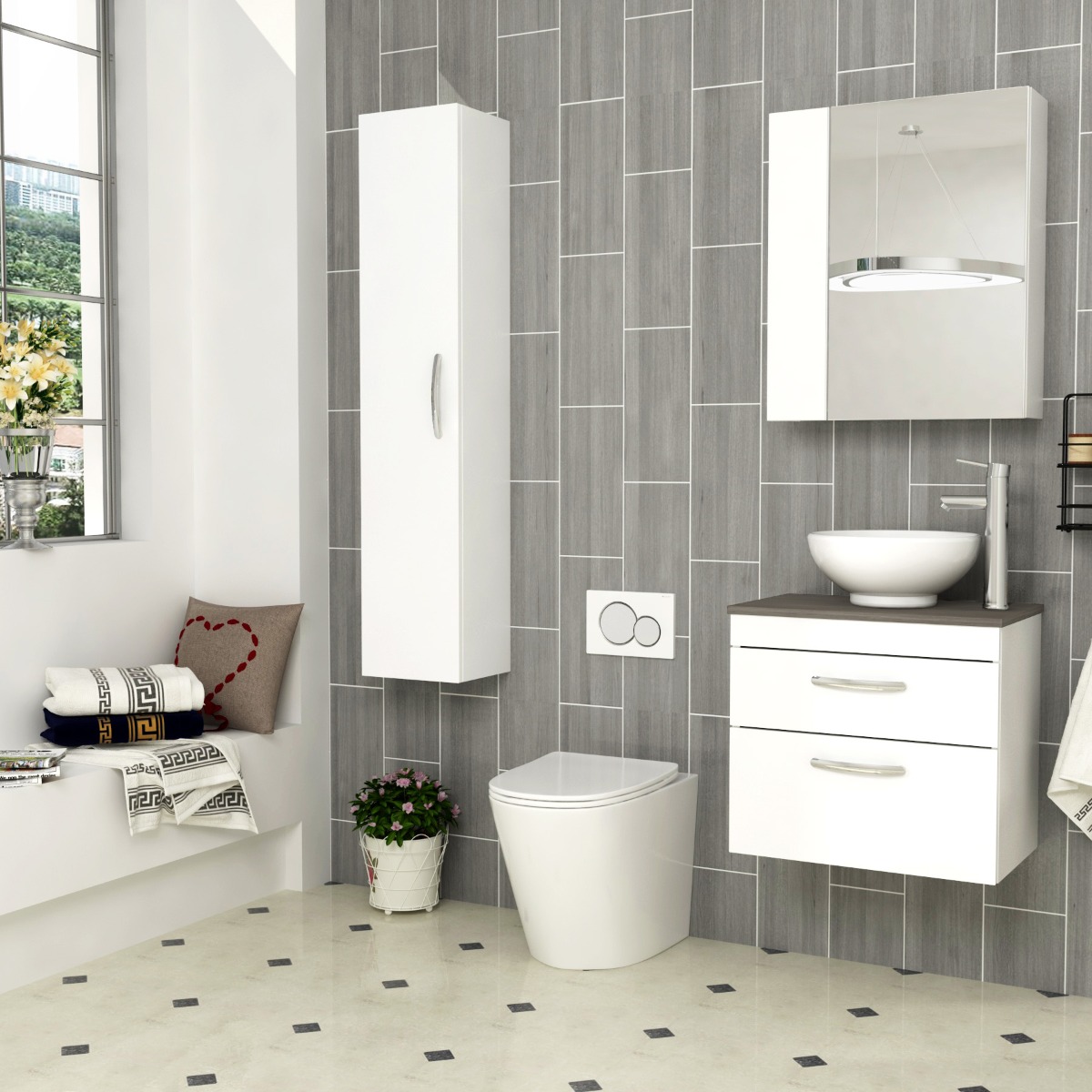 500/600/800mm Wall Hung Vanity Unit 2-Drawer Gloss White & Breeze Countertop Basin - Various Sizes