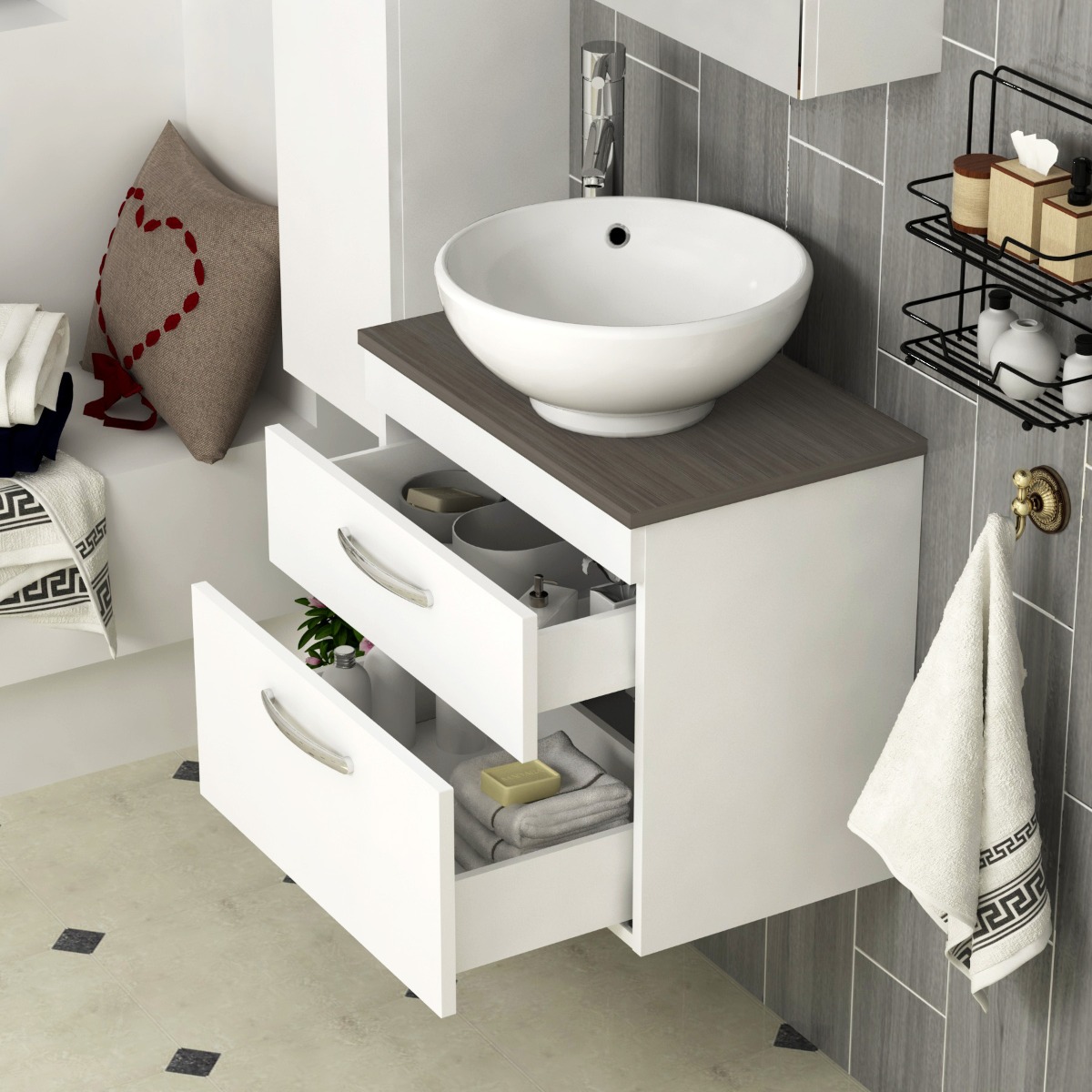 500/600/800mm Wall Hung Vanity Unit 2-Drawer Gloss White & Breeze Countertop Basin - Various Sizes