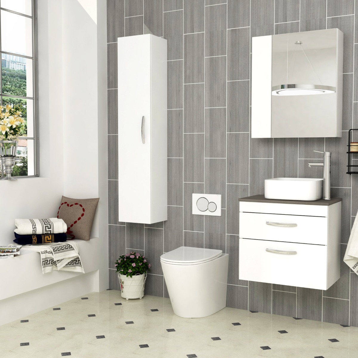 800mm Wall Hung Vanity Unit 2 Drawer Gloss White & Elena Countertop Basin 