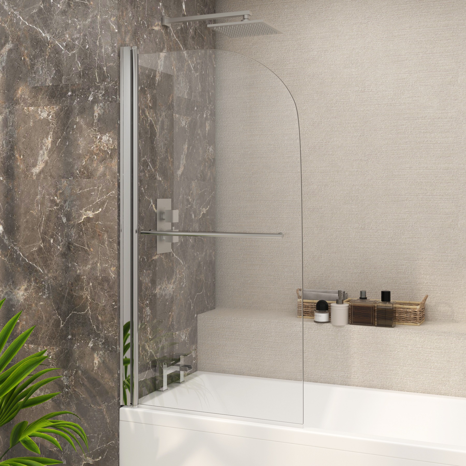 Nuie Curved Bath Screen with Rail 1435mm High