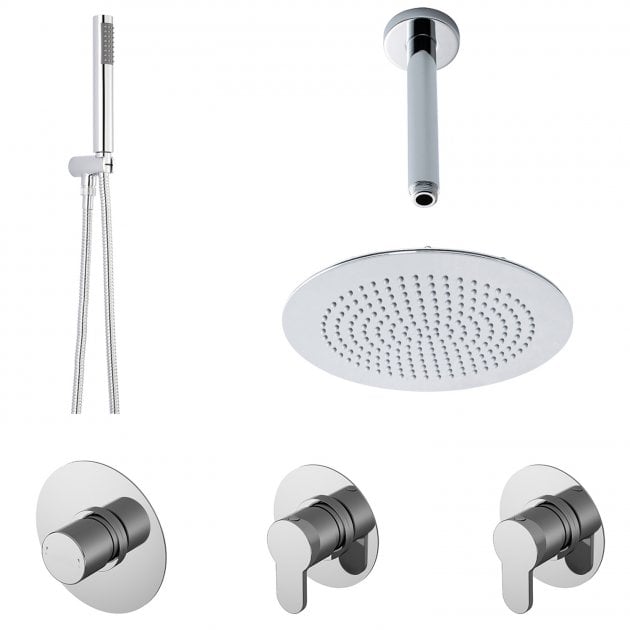 Modern Arvan Round Thermostatic Mixer Shower with Sliding Rail Kit Ceiling Arm & Fixed Head - Chrome