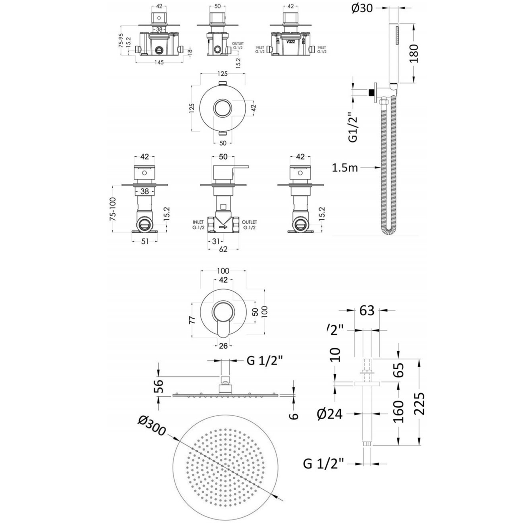 Modern Arvan Round Thermostatic Mixer Shower with Sliding Rail Kit Ceiling Arm & Fixed Head - Chrome