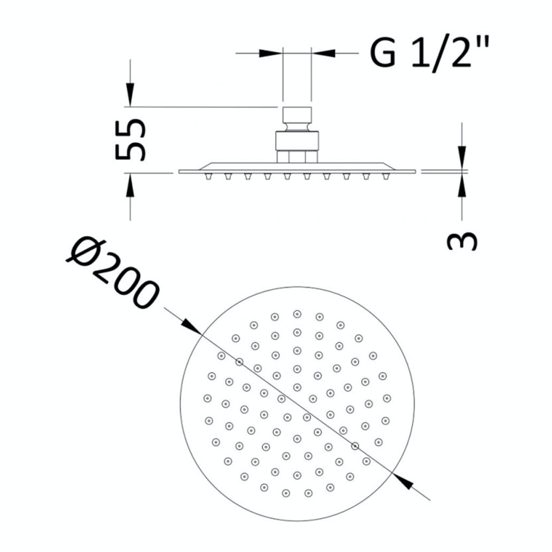 Windon 200mm Round Matt Black Fixed Shower Head with Ceiling Mounted Shower Arm