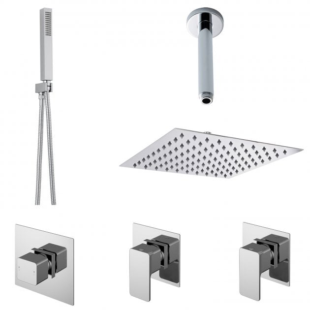 Modern Windon Square Thermostatic Mixer Shower with Sliding Rail Kit Ceiling Arm & Fixed Head - Chrome