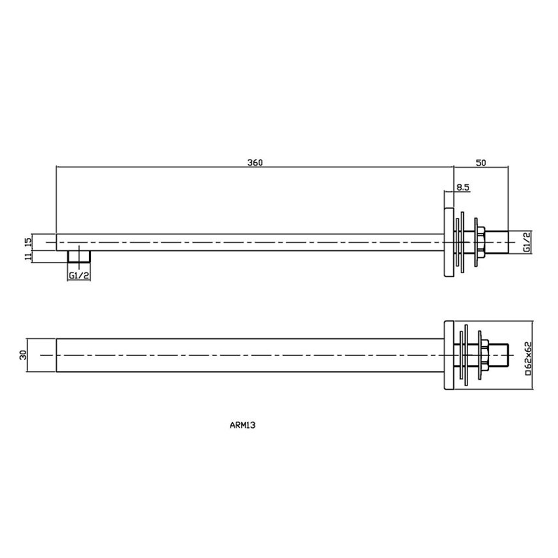 Windon Rectangular Brushed Brass Wall Mounted Shower Arm