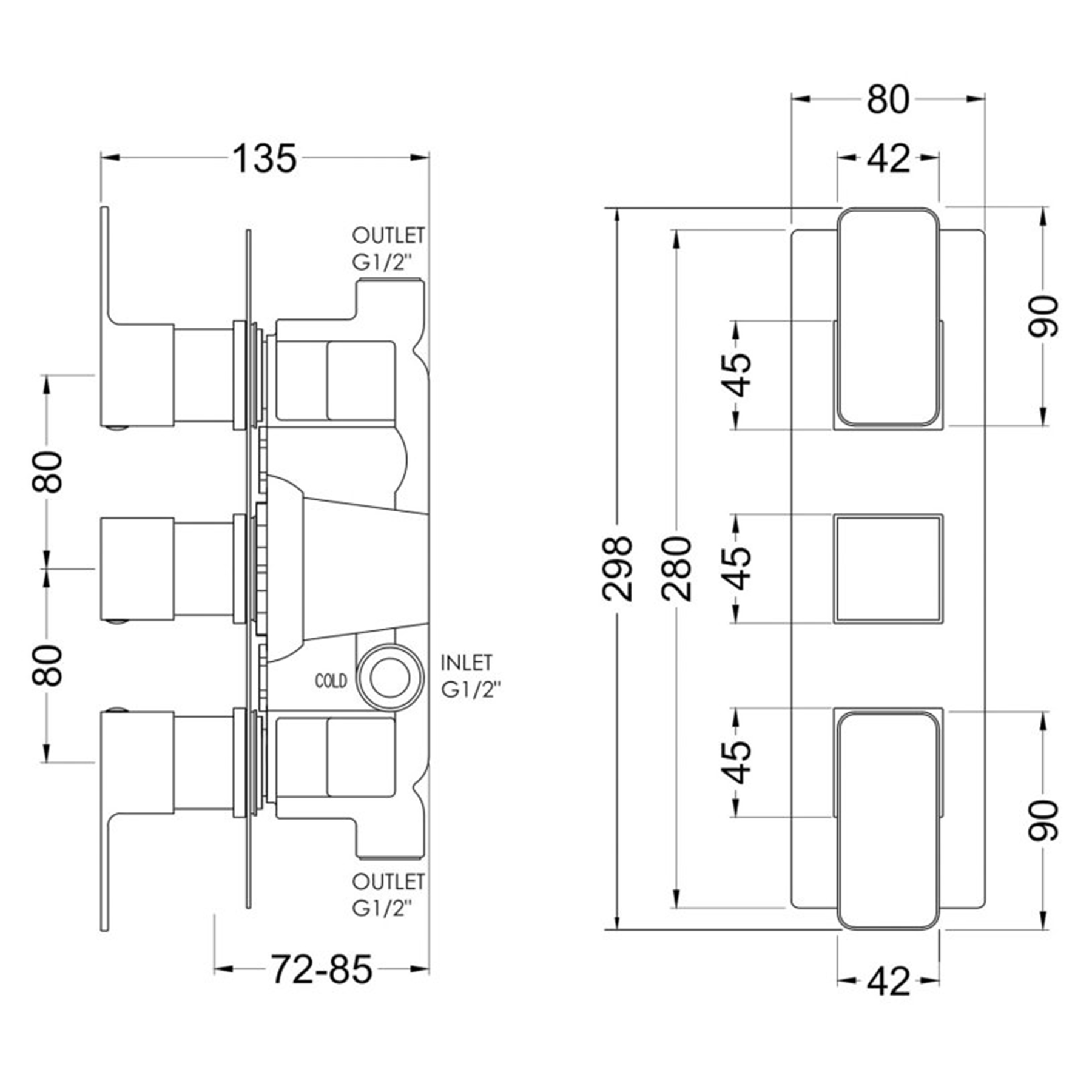 Windon Square Matt Black Triple Thermostatic Shower Valve with Diverter