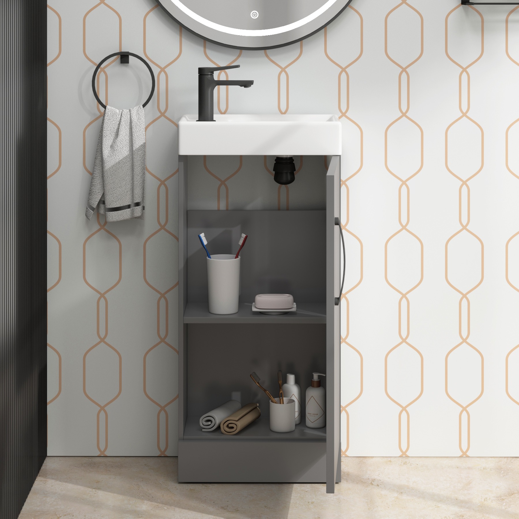 Cloakroom Suite Indigo Grey Gloss 400mm 1 Door Vanity Unit and BTW WC Unit with Crosby Slim Pan