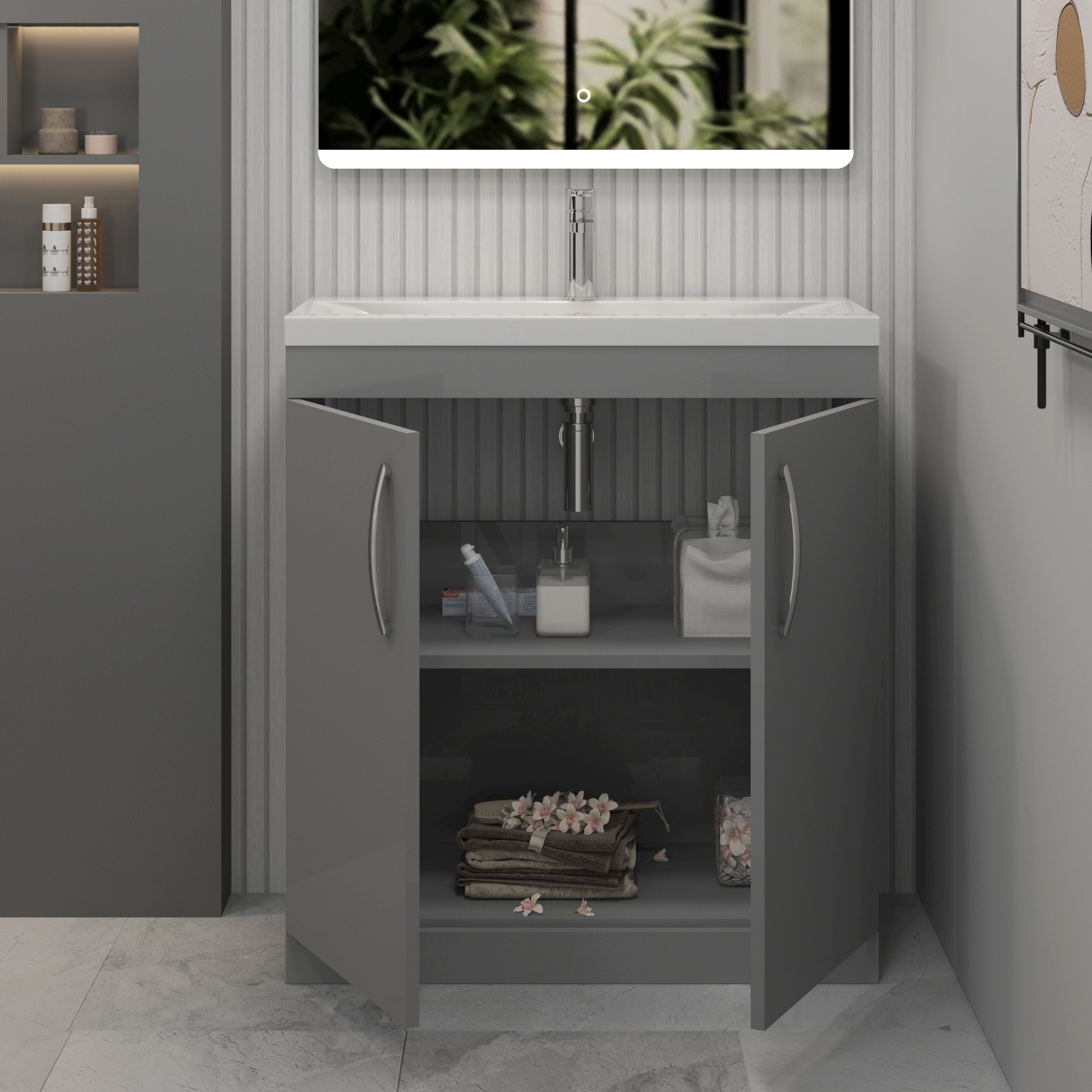 Turin 800mm Indigo Grey Gloss 2-Door Mid Edge Vanity Unit with Cube Close Coupled Toilet