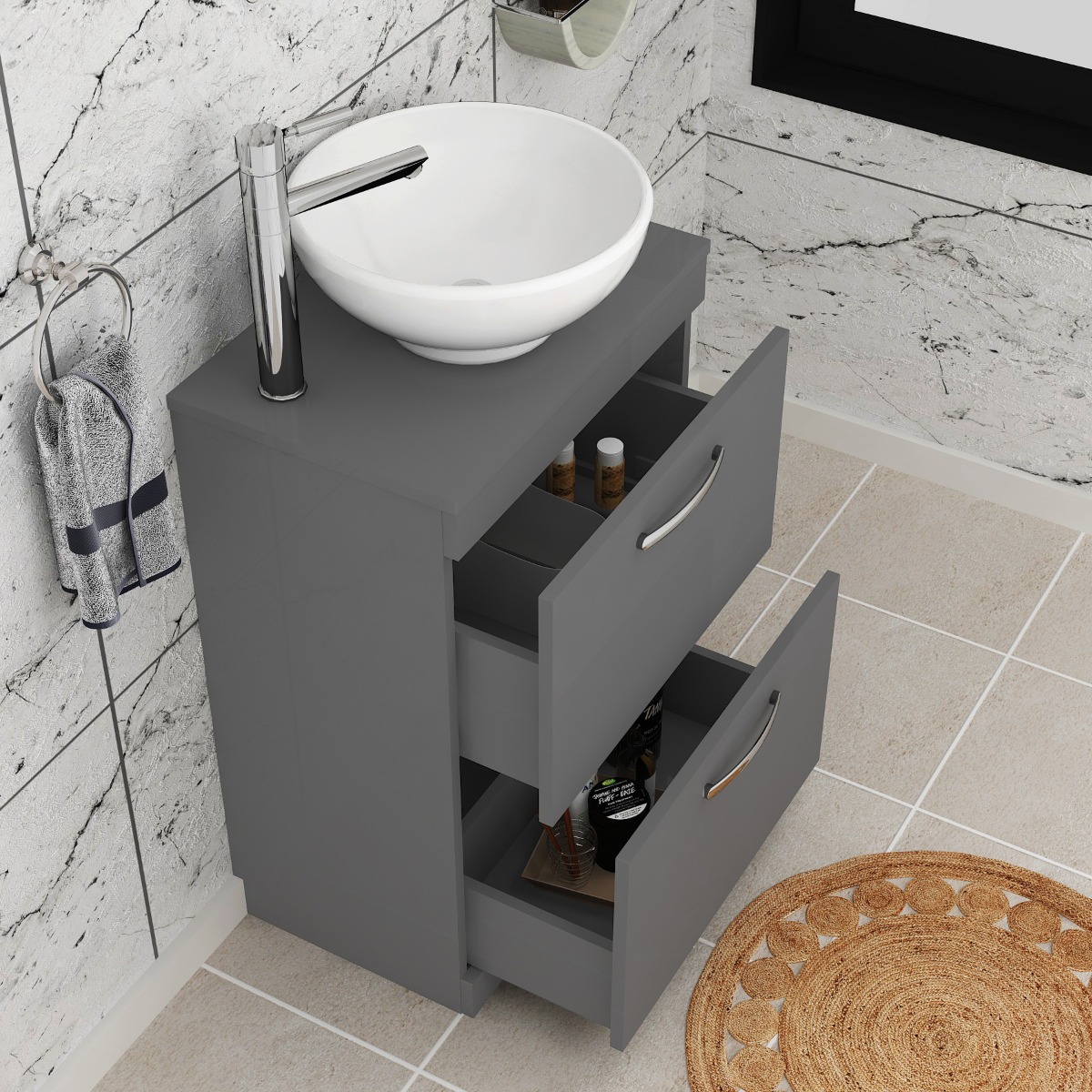 600mm Floor Standing Vanity Unit 2 Drawer Indigo Grey Gloss & Countertop Basin - Breeze