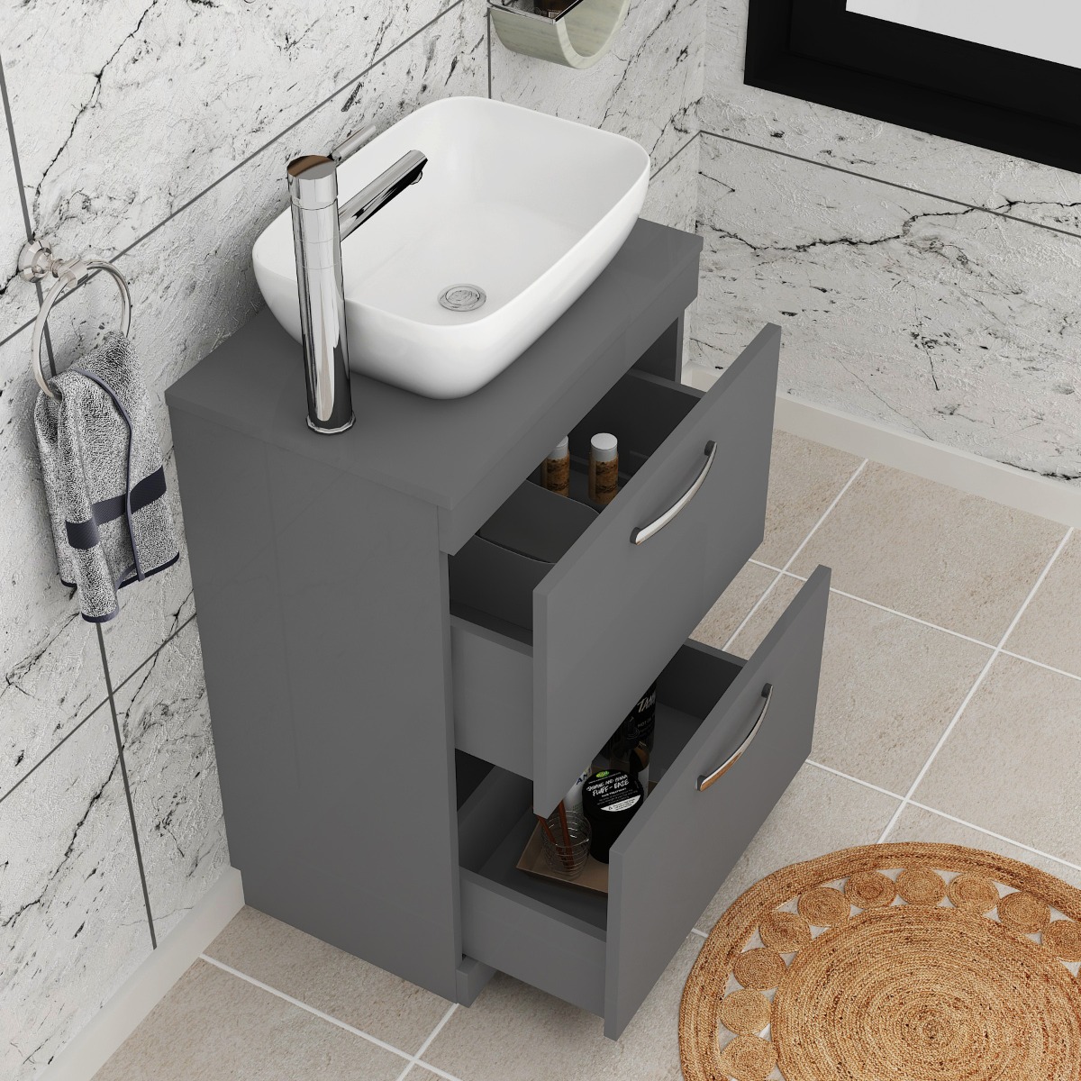 500/600/800mm Floor Standing Vanity Unit 2 Drawer Indigo Grey Gloss & Countertop Basin - Elva