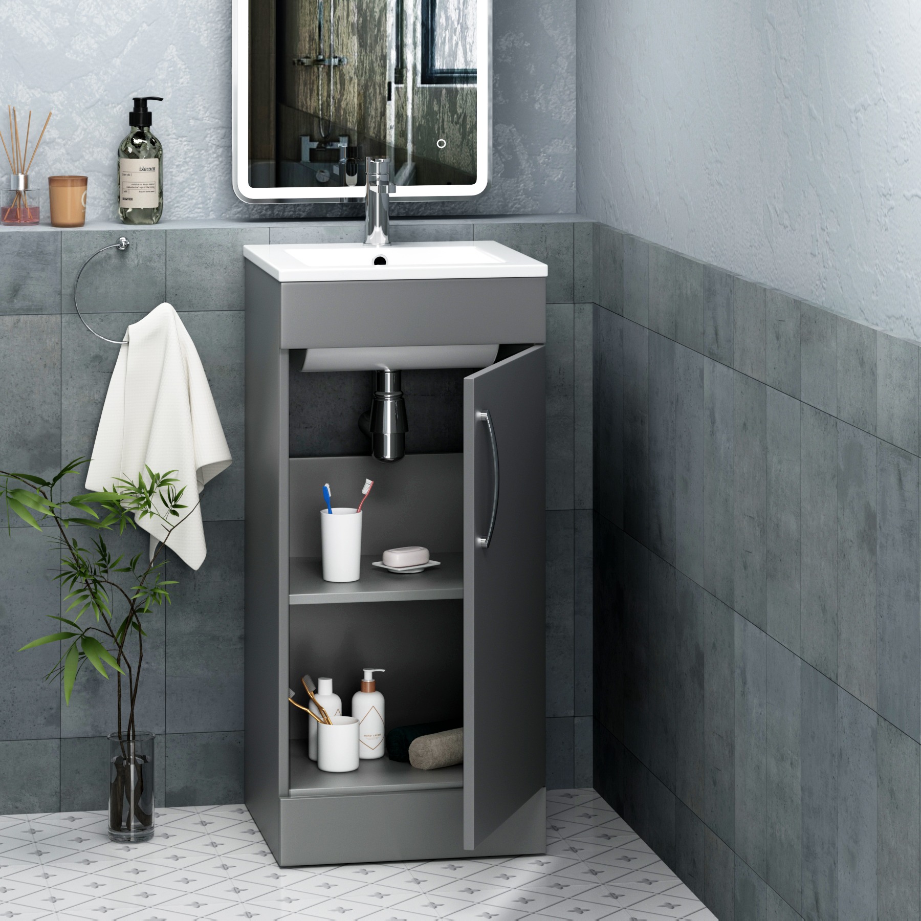 Cloakroom Suite 400mm Indigo Grey Gloss 1 Door Floor Standing Vanity Unit with BTW Toilet Pack - Turin