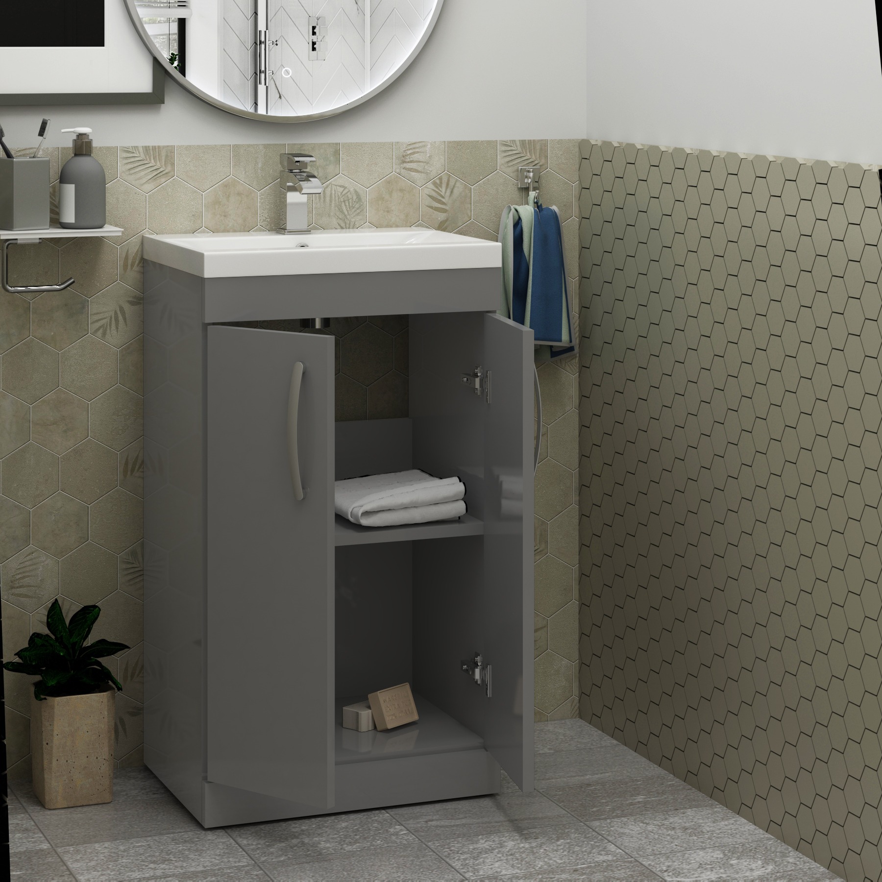 Cloakroom Suite 500mm Indigo Grey Gloss 2 Door Floor Standing Vanity Unit Basin With Amaze Rimless Toilet & Soft Close Seat