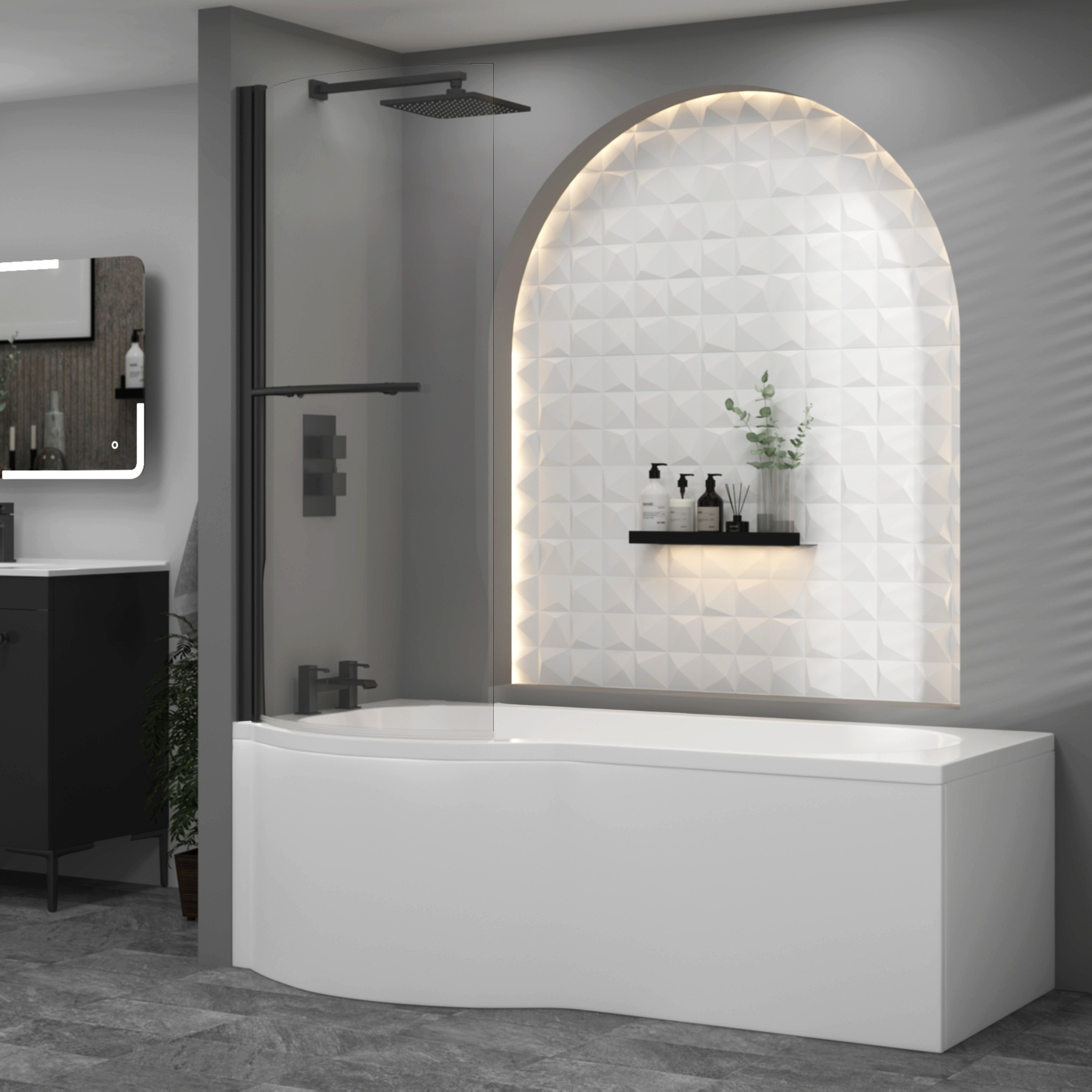 Elva Curved P-Shaped Matt Black Shower Bath Screen with Towel Rail - 6mm