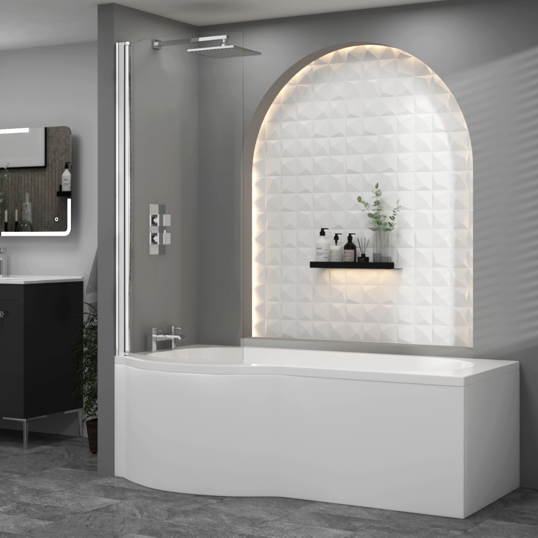 Curved P-Shaped Hinged Bath Screen 1435mm H x 720mm W - 6mm Glass - Chrome