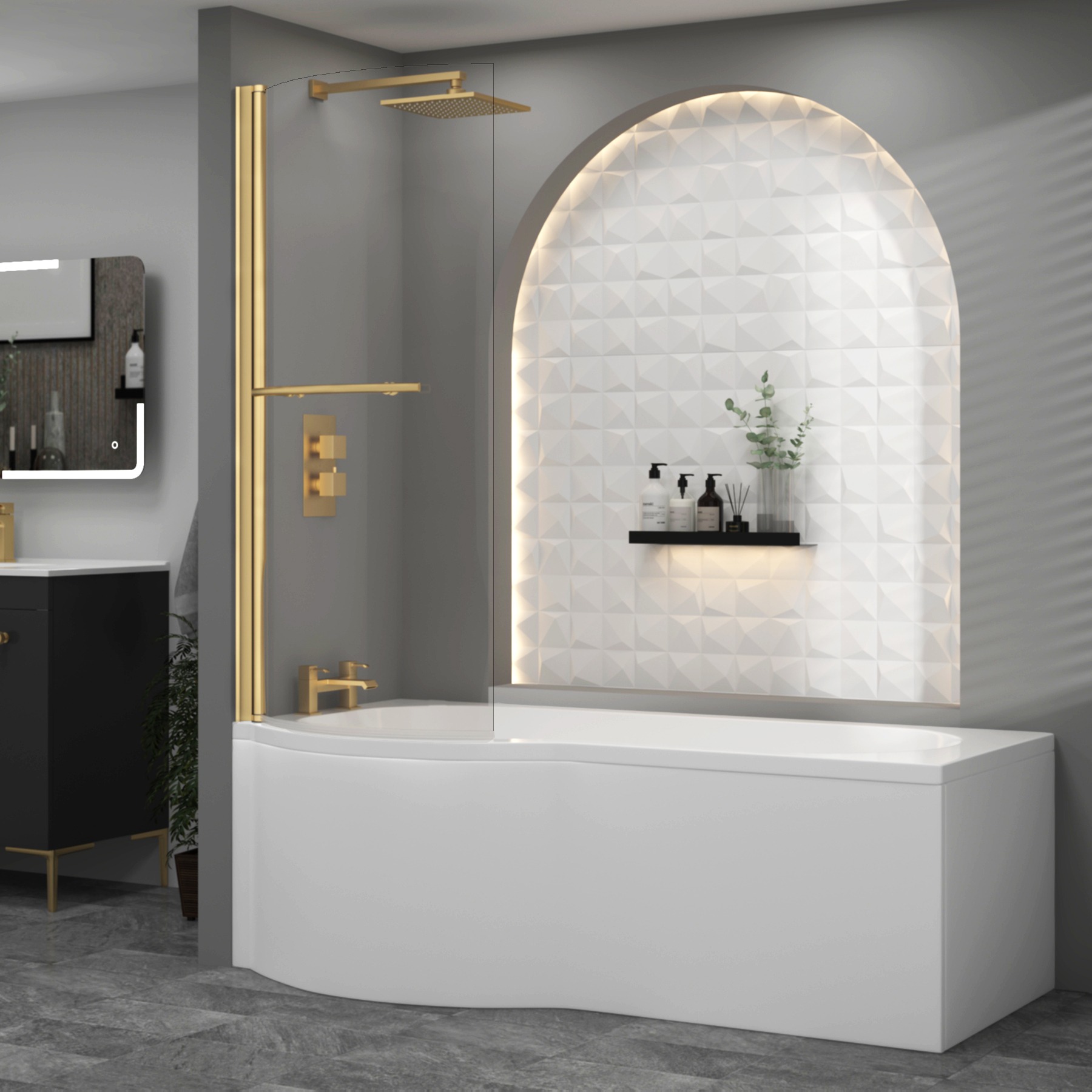 Elva Curved P-Shaped Brushed Brass Shower Bath Screen with Towel Rail - 6mm