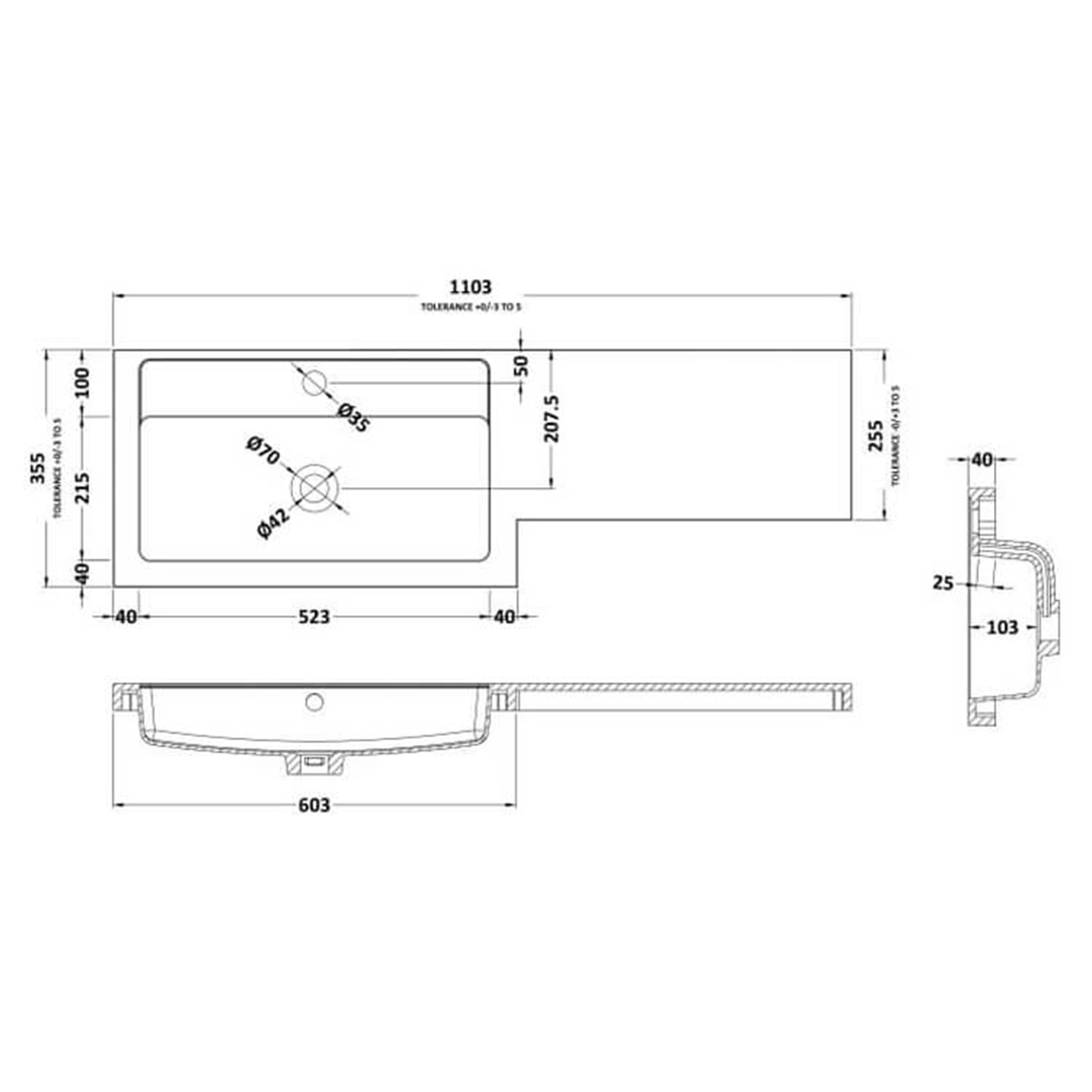 1100mm Hudson Reed L-Shape Left Hand Polymarble Gloss White Basin 1 Tap Hole