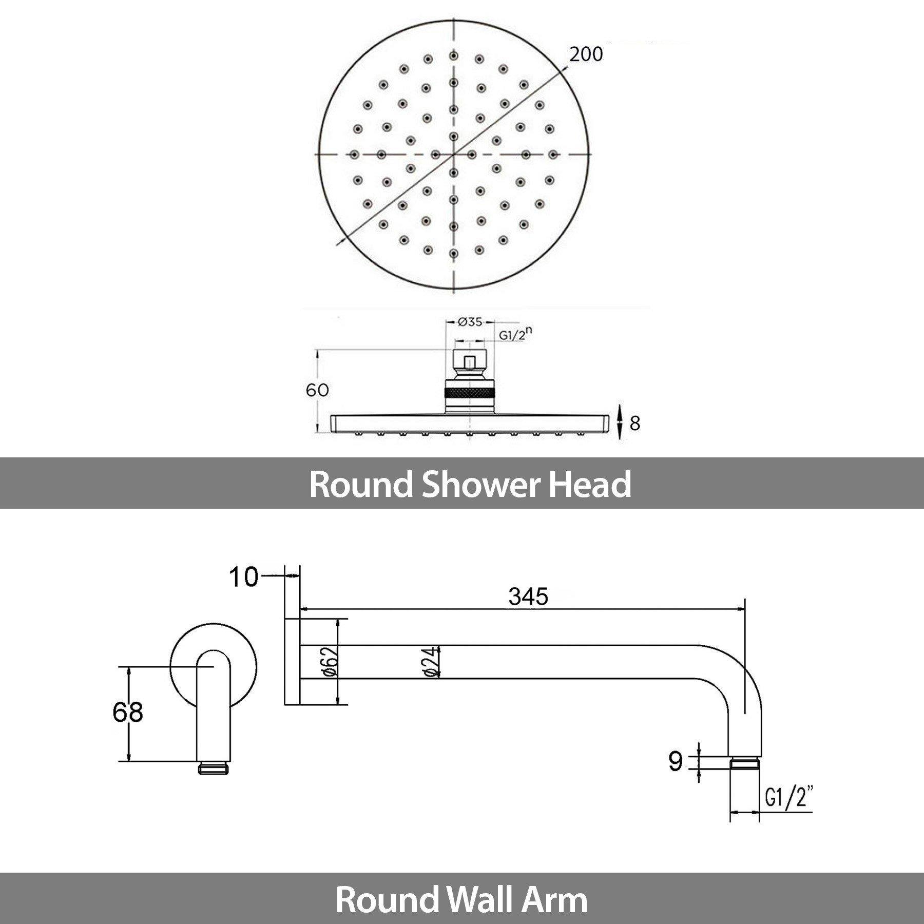 200mm Round ABS Plastic Shower Head with Round Wall Arm Royal Bathrooms
